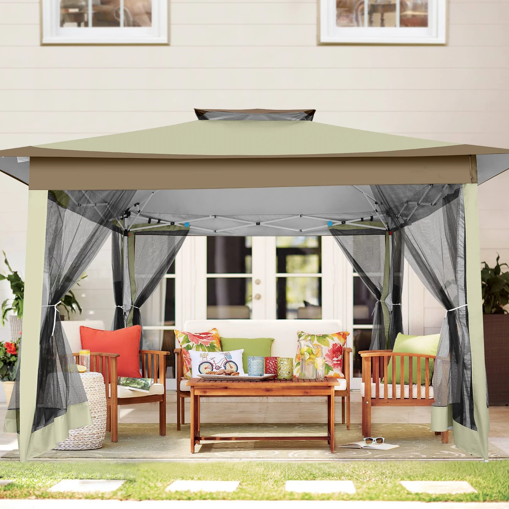 3x3M Waterproof Stable Folding Pavilion,Pop-up Garden Pavilion with 4 sidewalls Mosquito Net,Party tent,Double roof For Garden