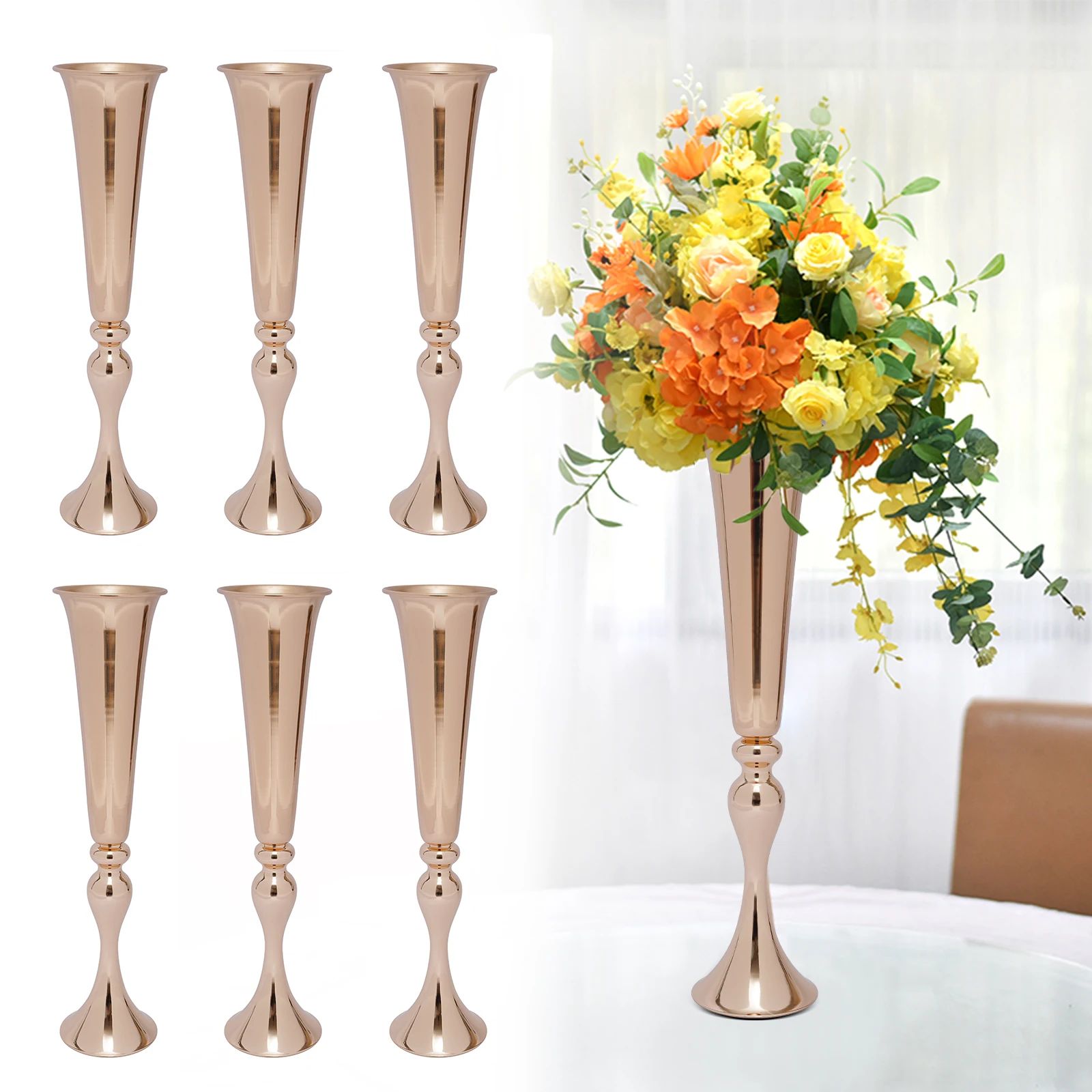 6Pcs 22-in Tall Gold Trumpet Wedding Flower Vases, Tabletop Flower Stand for Wedding Road Lead Anniversary Birthday Party Decor