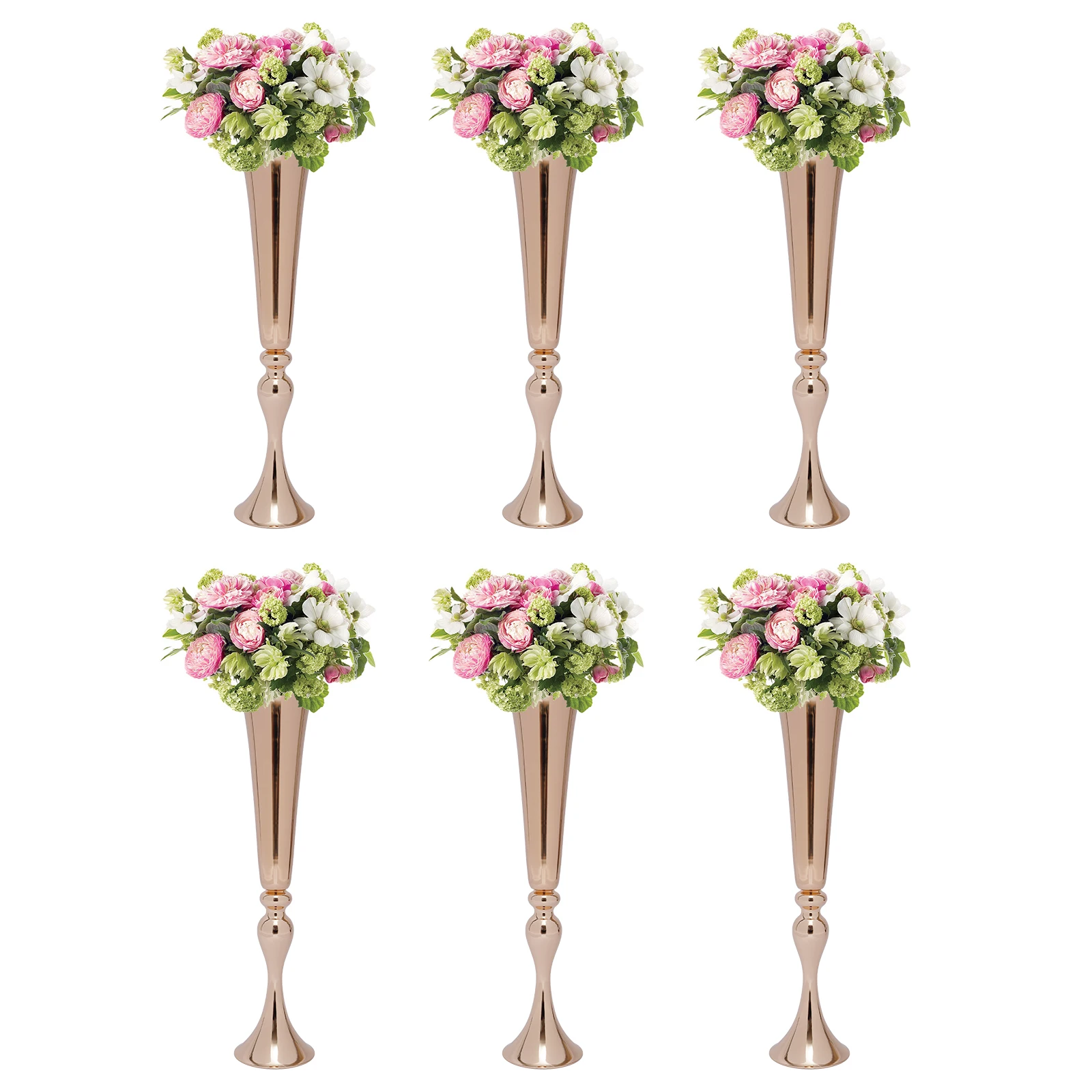 6Pcs 22-in Tall Gold Trumpet Wedding Flower Vases, Tabletop Flower Stand for Wedding Road Lead Anniversary Birthday Party Decor