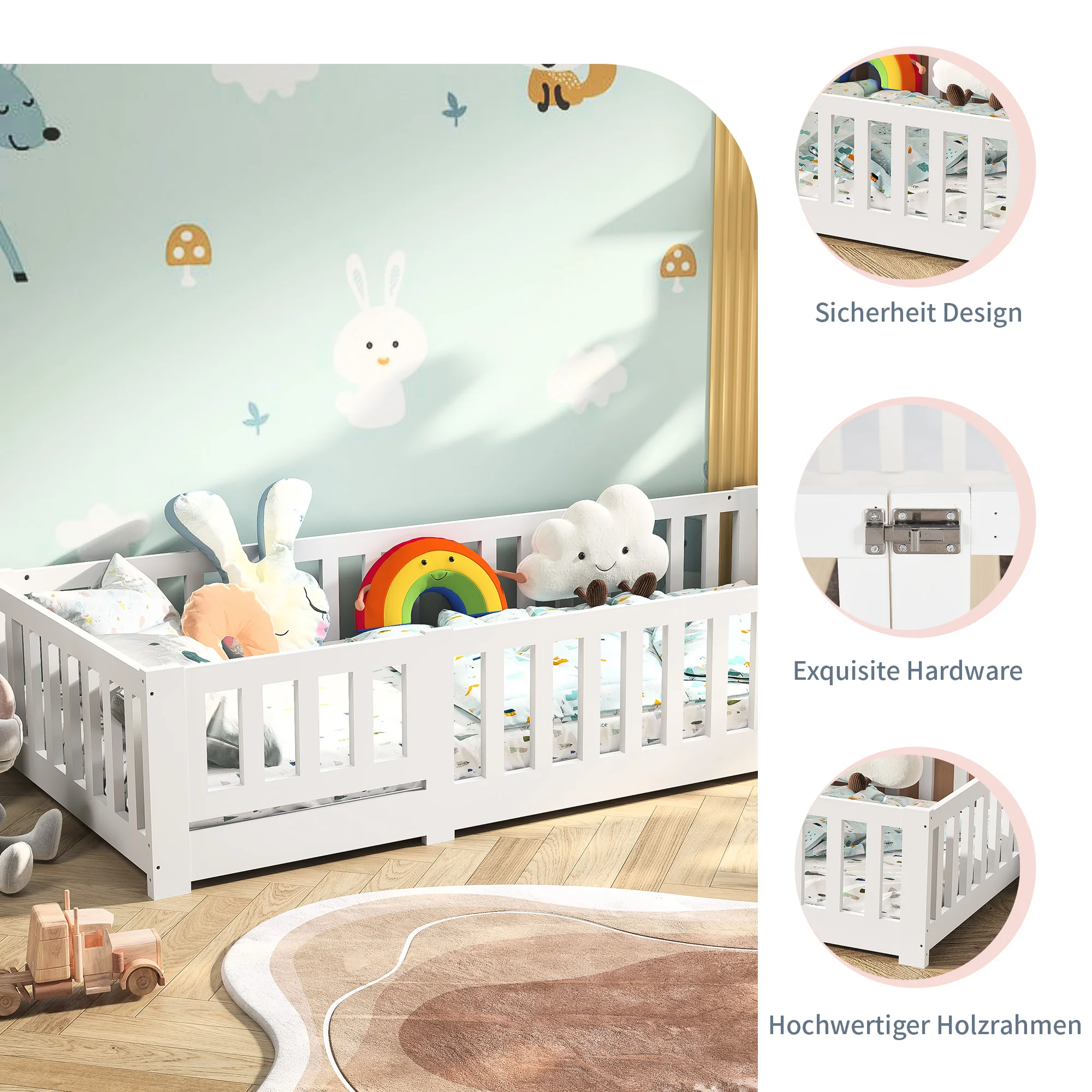 Comanlai Children’s Bed with Fall Protection, Includes Slatted Frame, Floor Bed for Boys and Girls, Solid Pine Wood, White