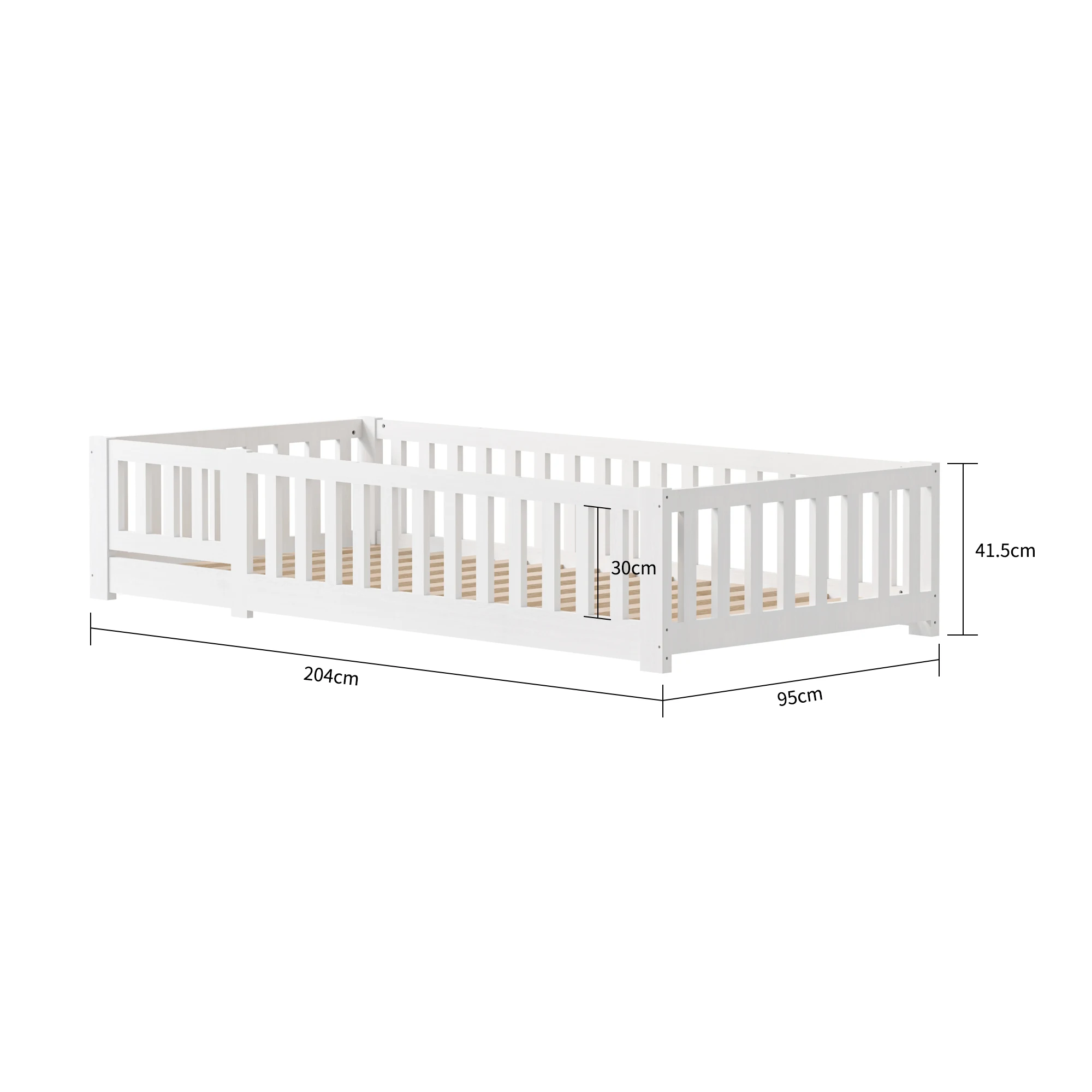 Comanlai Children’s Bed with Fall Protection, Includes Slatted Frame, Floor Bed for Boys and Girls, Solid Pine Wood, White