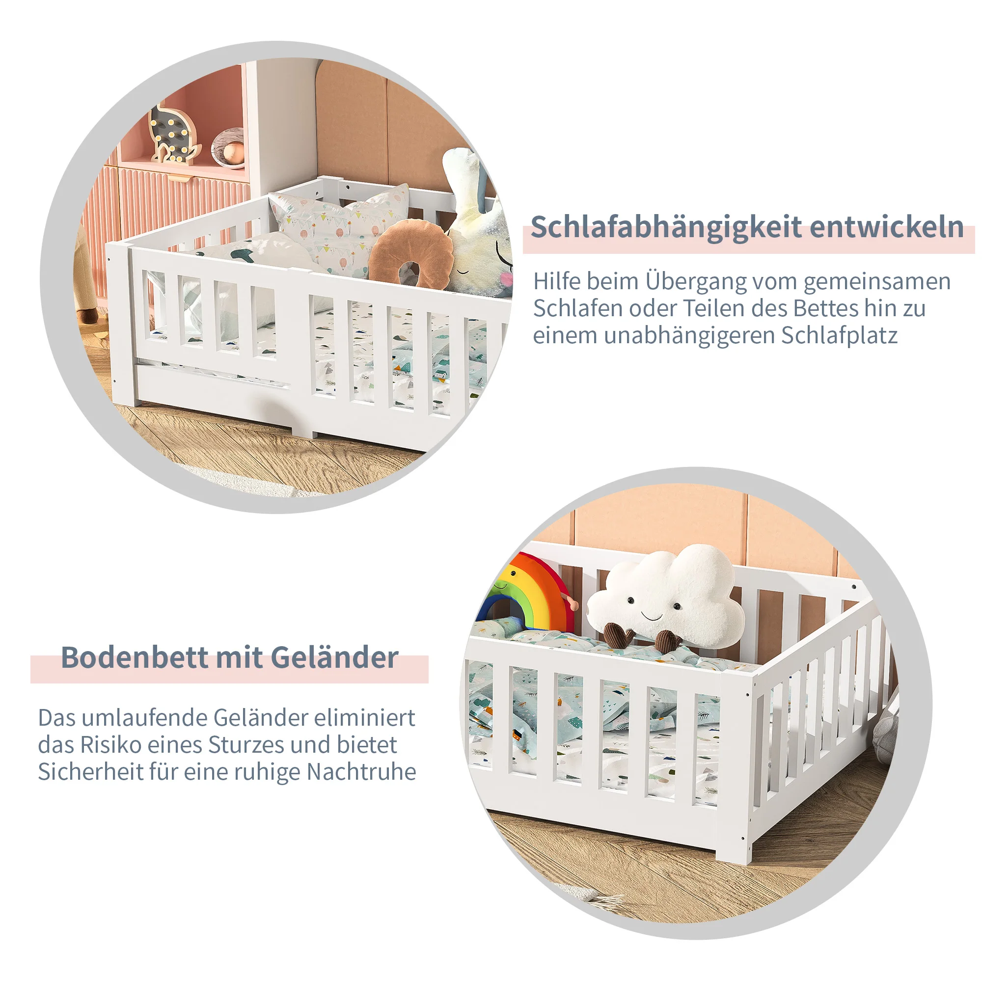 Comanlai Children’s Bed with Fall Protection, Includes Slatted Frame, Floor Bed for Boys and Girls, Solid Pine Wood, White