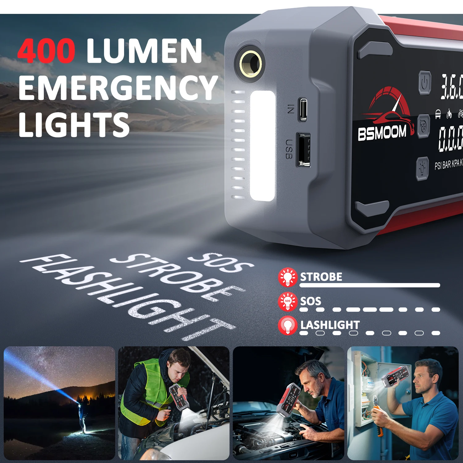 YUSMAN 5000A Peak Car Jump Starter, 150PSI Air Compressor, Portable Flashlight, Power Bank for 12V Cars