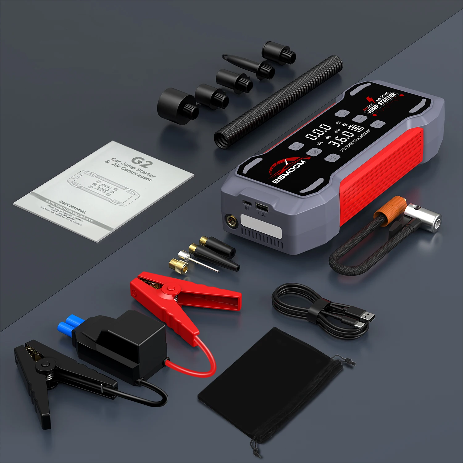 YUSMAN 5000A Peak Car Jump Starter, 150PSI Air Compressor, Portable Flashlight, Power Bank for 12V Cars