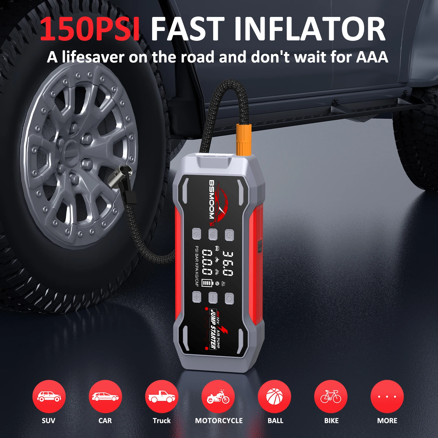 YUSMAN 5000A Peak Car Jump Starter, 150PSI Air Compressor, Portable Flashlight, Power Bank for 12V Cars