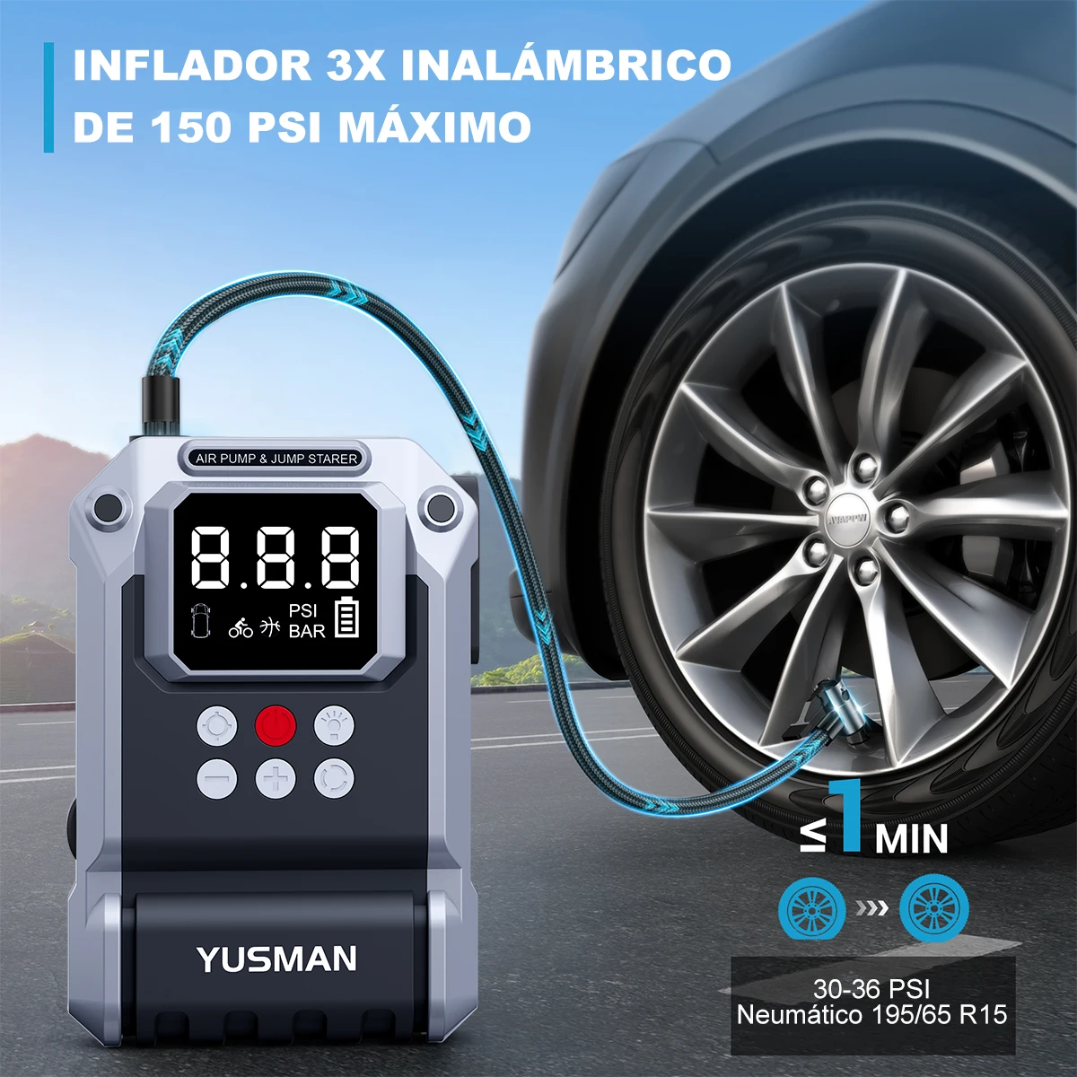 YUSMAN 5000A Peak Car Jump Starter, 150PSI Air Compressor, Portable Flashlight, Power Bank for 12V Cars