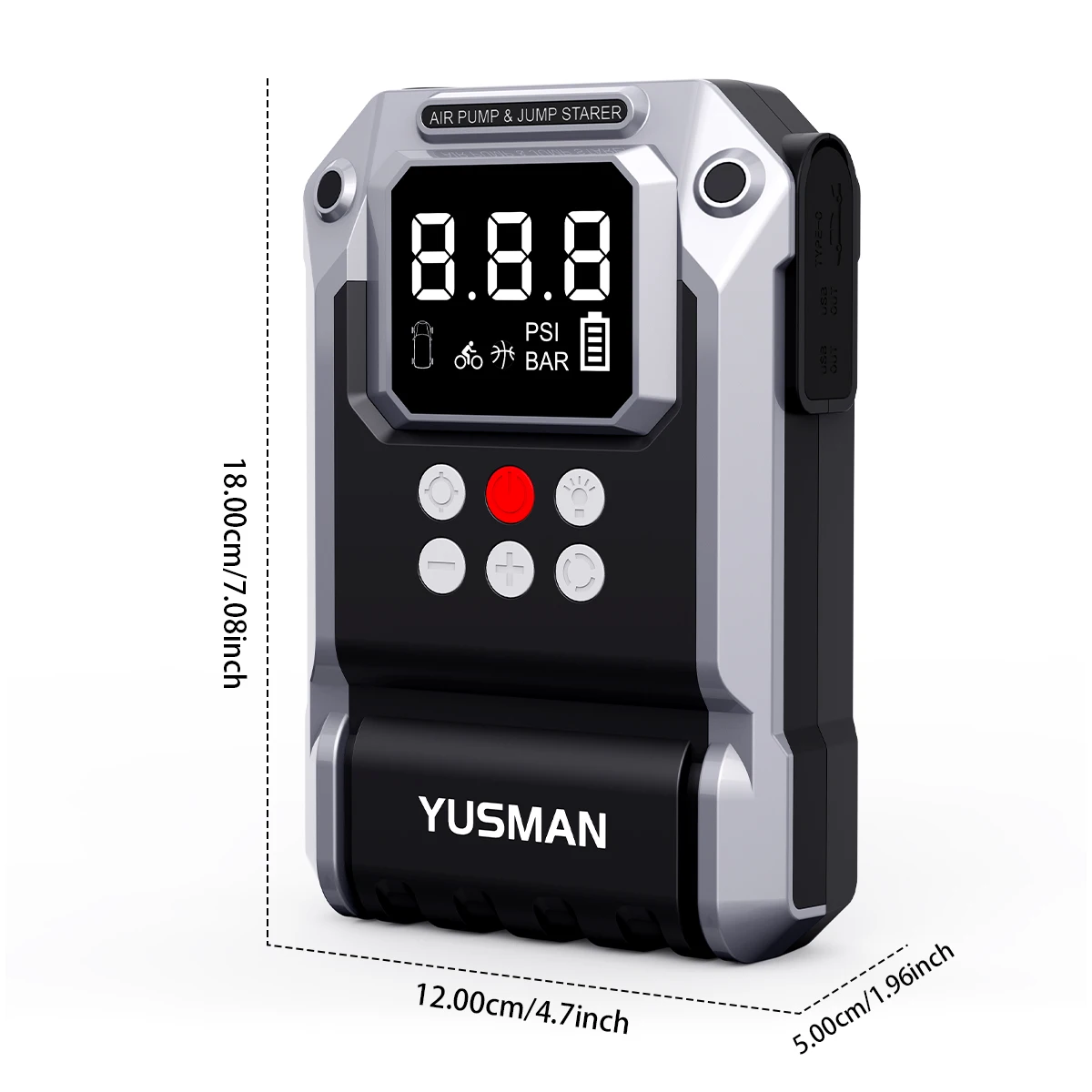 YUSMAN 5000A Peak Car Jump Starter, 150PSI Air Compressor, Portable Flashlight, Power Bank for 12V Cars