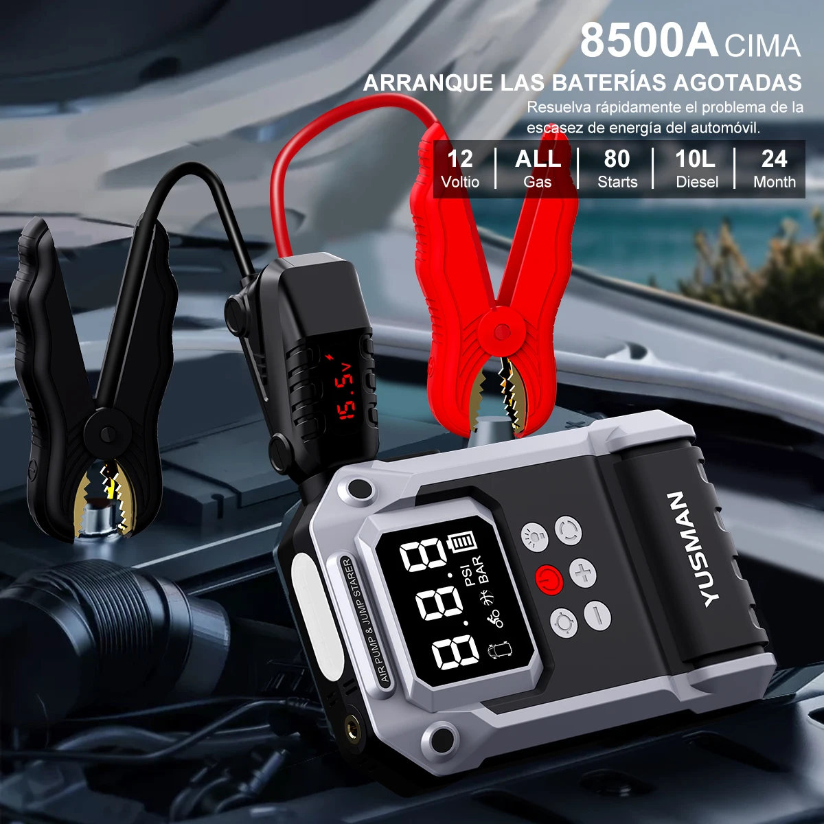 YUSMAN 5000A Peak Car Jump Starter, 150PSI Air Compressor, Portable Flashlight, Power Bank for 12V Cars