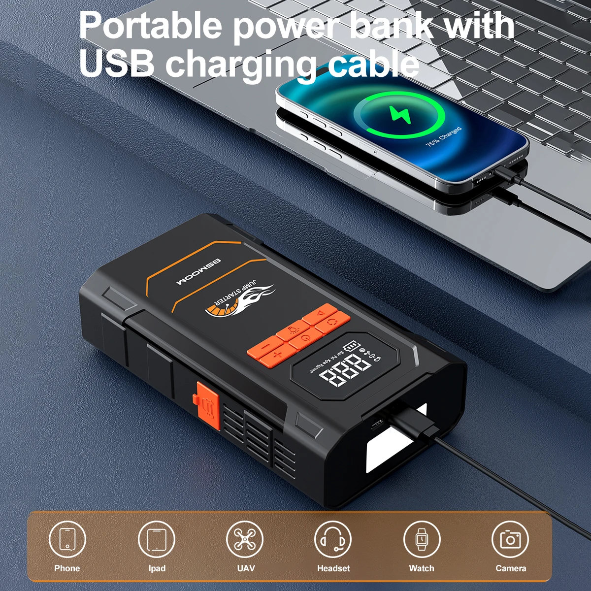 YUSMAN 5000A Peak Car Jump Starter, 150PSI Air Compressor, Portable Flashlight, Power Bank for 12V Cars