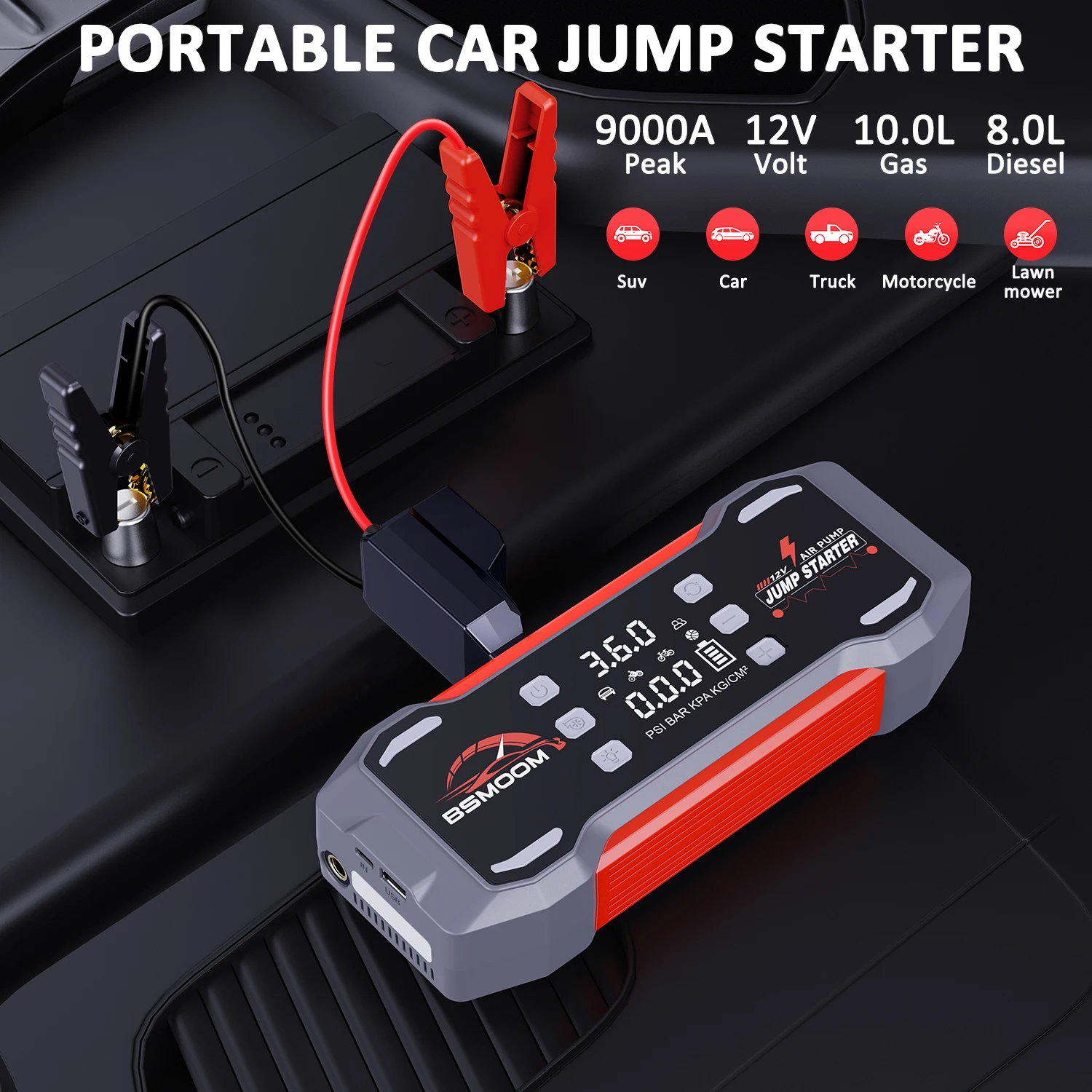 YUSMAN 5000A Peak Car Jump Starter, 150PSI Air Compressor, Portable Flashlight, Power Bank for 12V Cars
