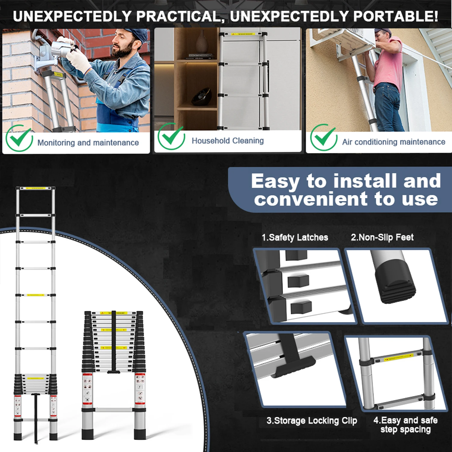 Aluminium Telescopic Ladder 150 kg Capacity – EN131 Straight Extendable Ladder, Lightweight & Portable for Home, Loft & Garden