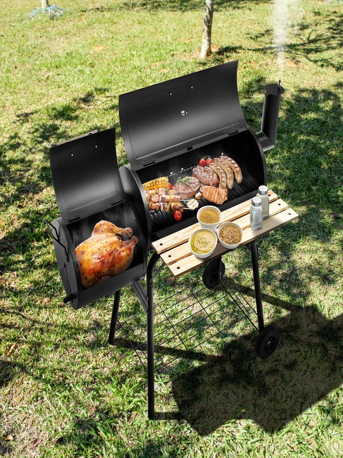 Charcoal Grill with Lid, Smoking Grilling, Grill Trolley with Side Fire Box, Side Table, Shelf, Wooden Handles, Charcoal Grill