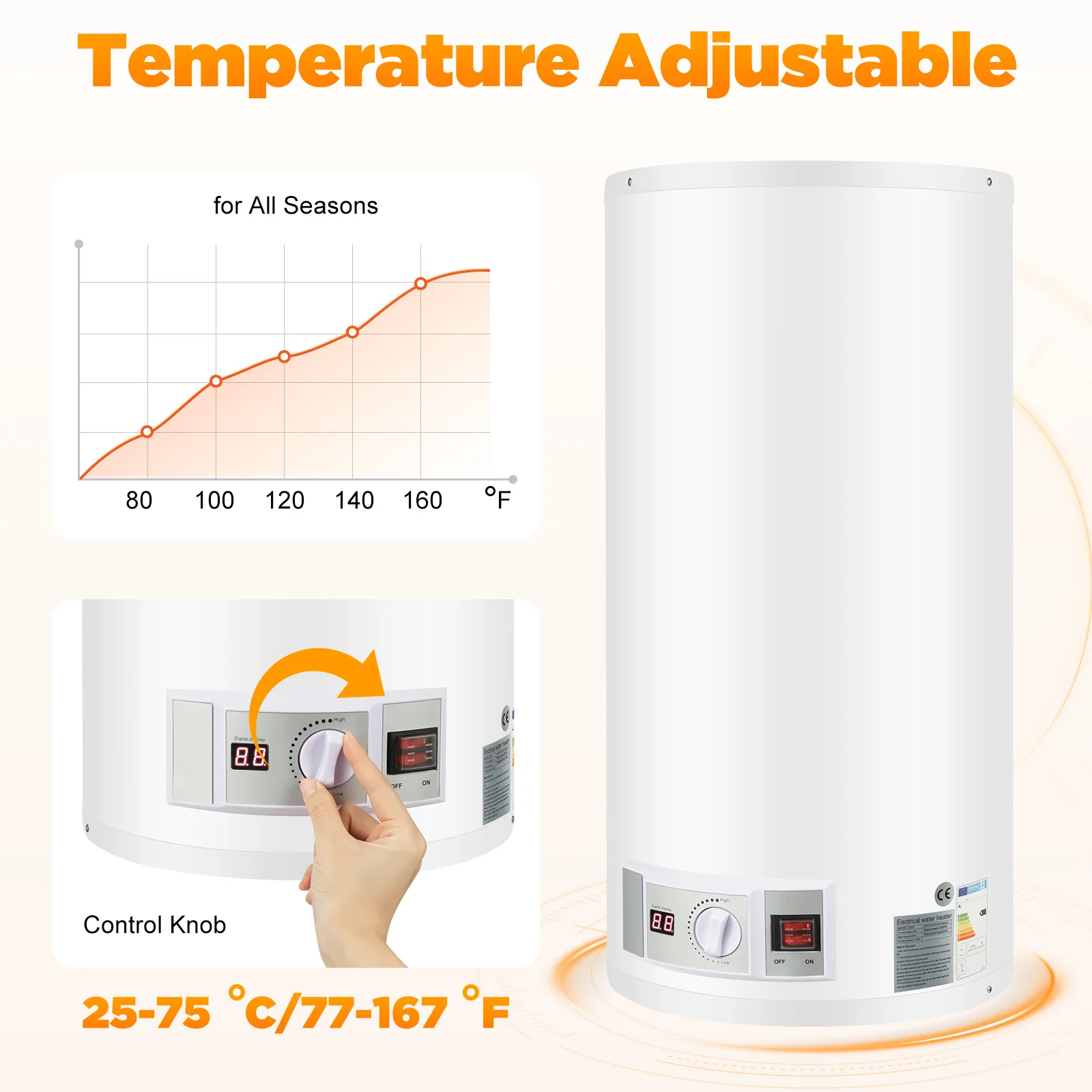 50L Electric Water Heater, 2000W Vertical Water Heater with Digital Display & Faucet, Wall Mounted for Bathroom Kitchen