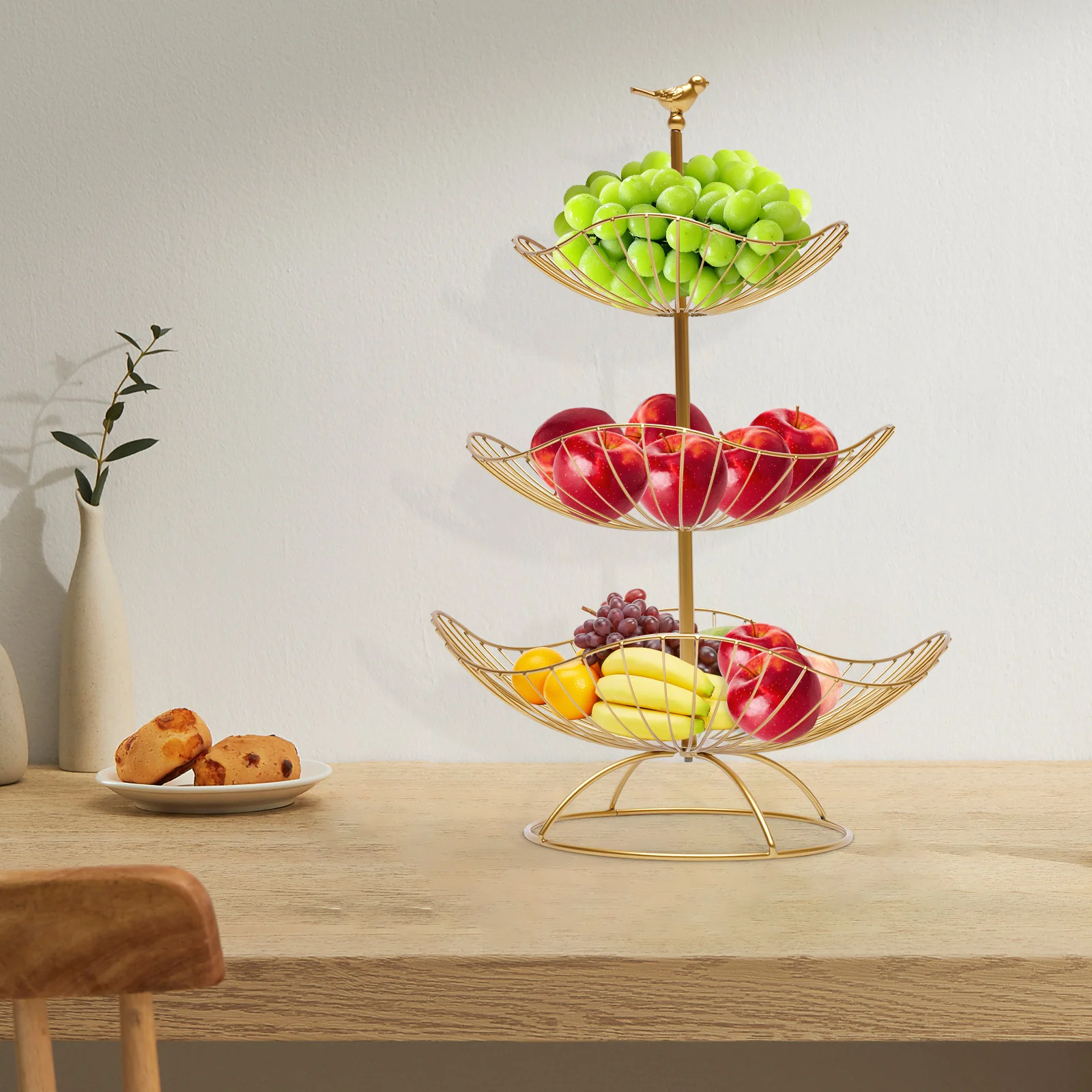 3 Tier Gold Fruit Tray Bowl Holder Storage Basket Open Hollowed-Out Design Bird Lotus-Leaf-Shaped for Placing Apple Pear Orange