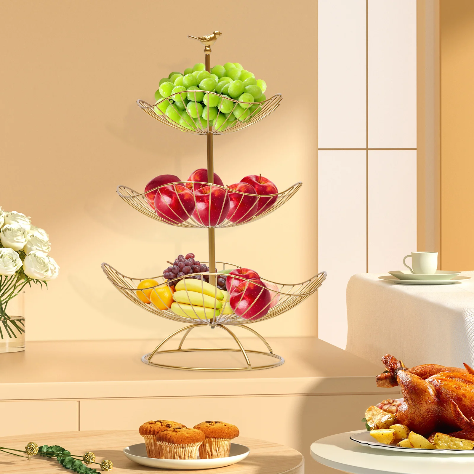3 Tier Gold Fruit Tray Bowl Holder Storage Basket Open Hollowed-Out Design Bird Lotus-Leaf-Shaped for Placing Apple Pear Orange
