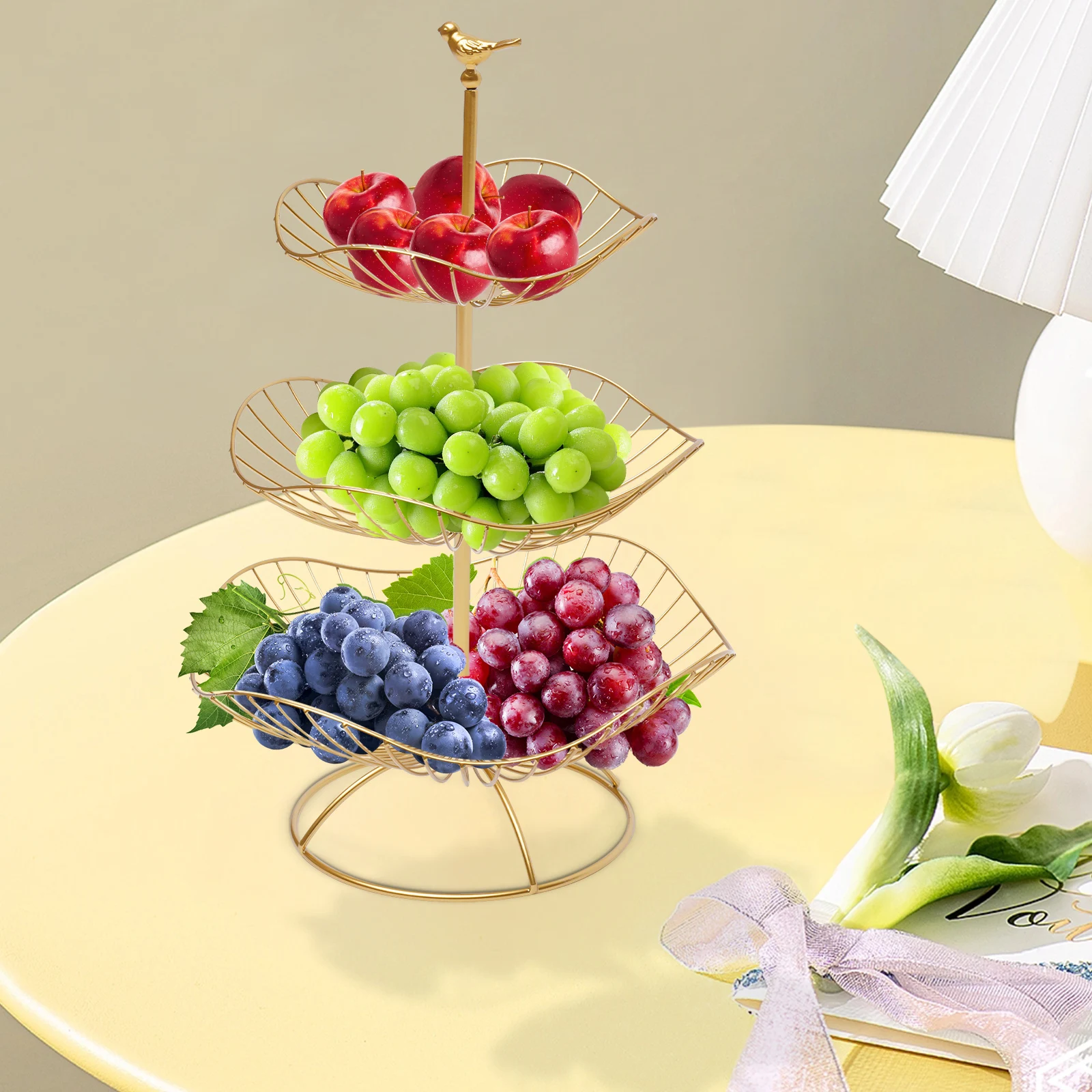 3 Tier Gold Fruit Tray Bowl Holder Storage Basket Open Hollowed-Out Design Bird Lotus-Leaf-Shaped for Placing Apple Pear Orange