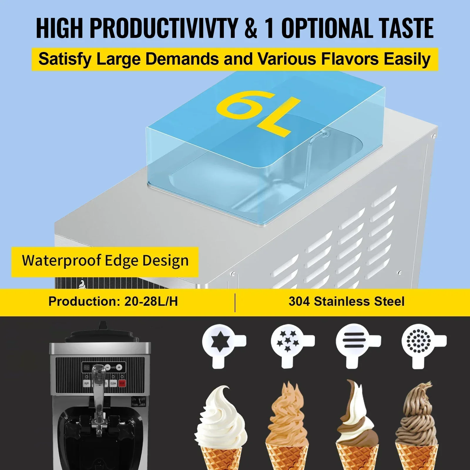 SIHAO Desktop single head ice cream machine 8116F 220V European plug fresh-keeping puffing shortage alarm suitable for catering