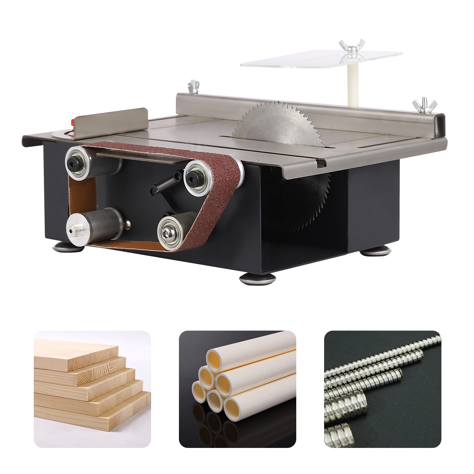Circular Table Saw and Belt Sander| 2-in-1 Multi-function Mini Bench Saw with 4 Saw Blades,10 Sanding Belts| 7-gear Speeds