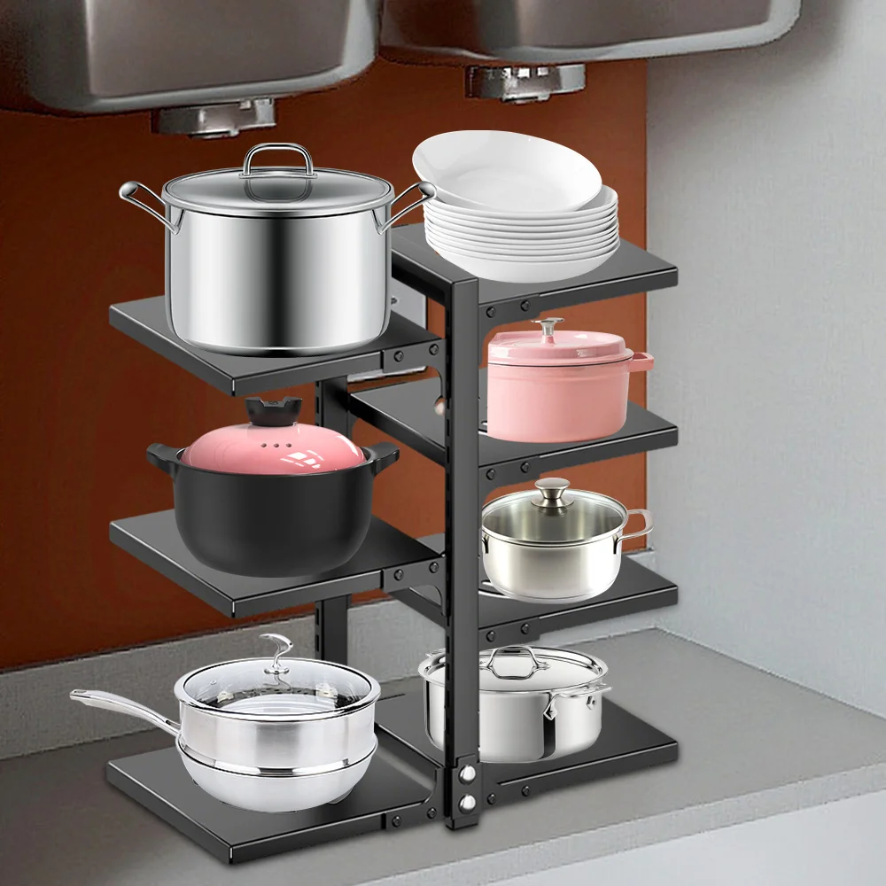 Kitchen Under Sink Storage Pot Holder Multilayer Frying Pan Rice Cooker Storage Rack Adjustable Countertop Floor Storage Shelf