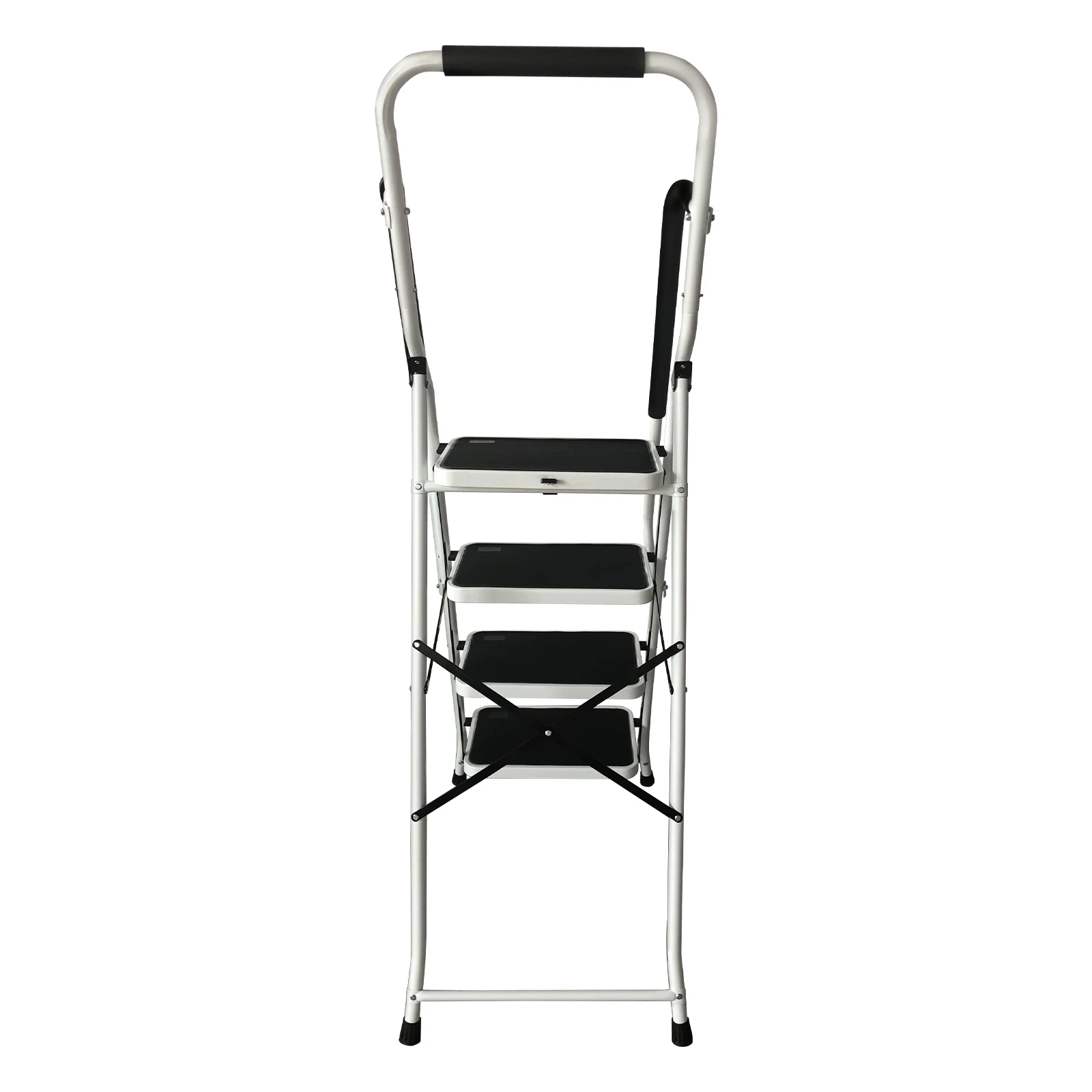 4 Step Ladder with Folding Safety Ramp - Non Slip Heavy Duty 150kg Load Capacity - Adult Steel Step Stool for Home Kitchen Garag