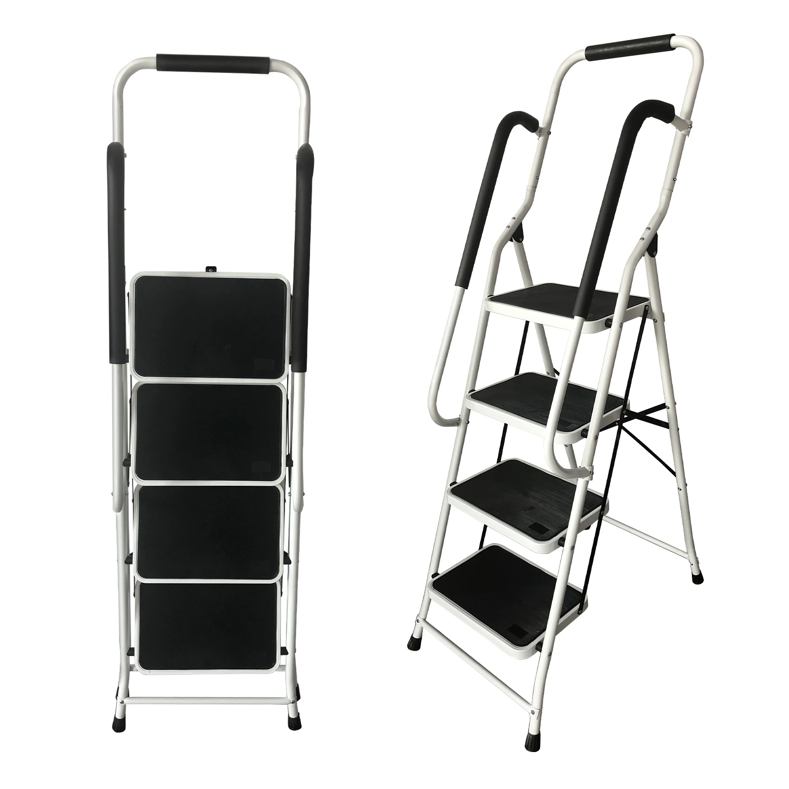 4 Step Ladder with Folding Safety Ramp - Non Slip Heavy Duty 150kg Load Capacity - Adult Steel Step Stool for Home Kitchen Garag