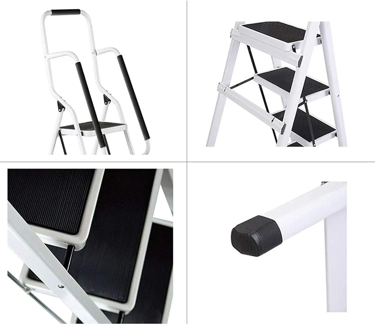 4 Step Ladder with Folding Safety Ramp - Non Slip Heavy Duty 150kg Load Capacity - Adult Steel Step Stool for Home Kitchen Garag
