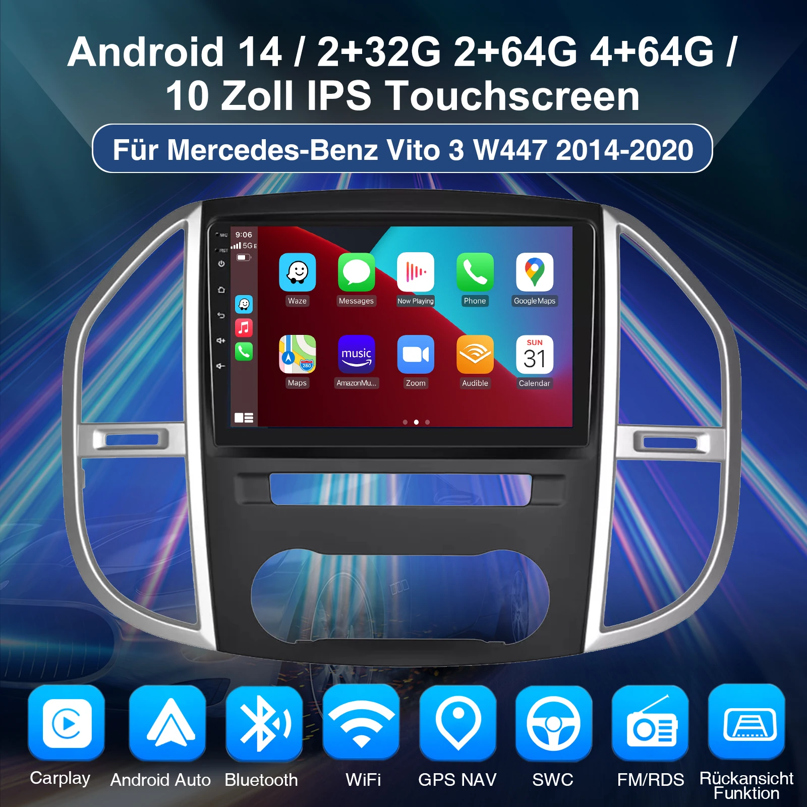 ESSGOO 10.1" Wireless Carplay Android 14 Car Radio For Benz Vito 3 W447 2014-2020 GPS SAT Navi WIFI RDS FM BT Multimedia Player