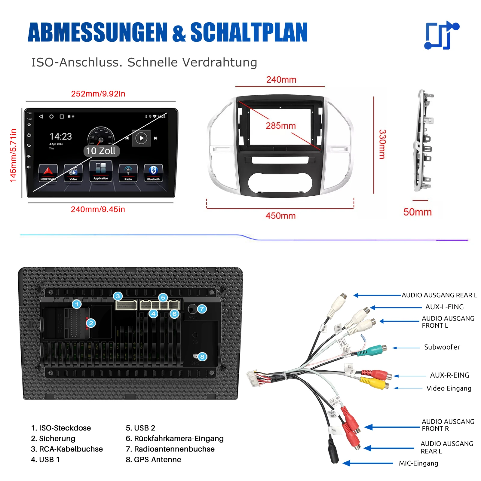 ESSGOO 10.1" Wireless Carplay Android 14 Car Radio For Benz Vito 3 W447 2014-2020 GPS SAT Navi WIFI RDS FM BT Multimedia Player