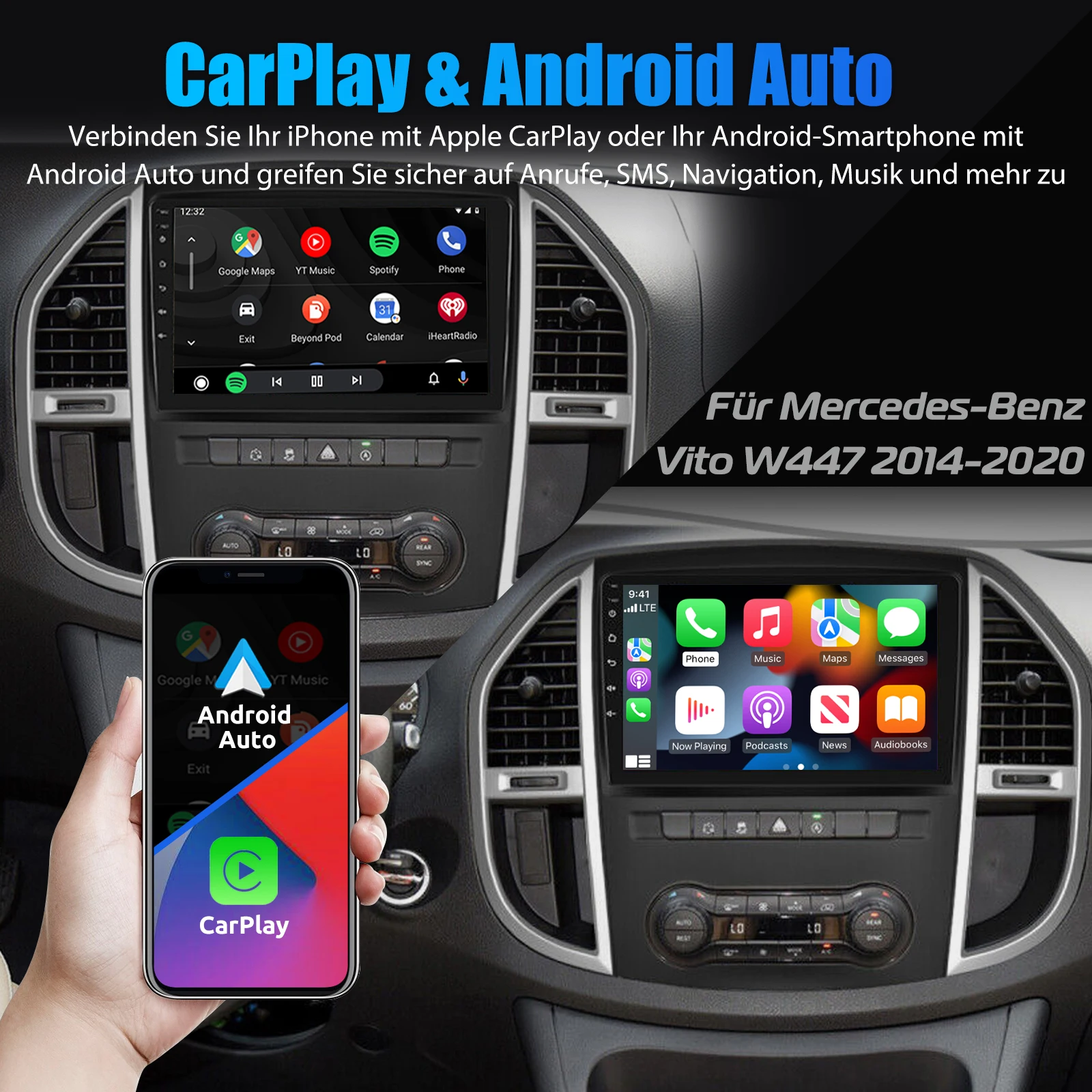 ESSGOO 10.1" Wireless Carplay Android 14 Car Radio For Benz Vito 3 W447 2014-2020 GPS SAT Navi WIFI RDS FM BT Multimedia Player
