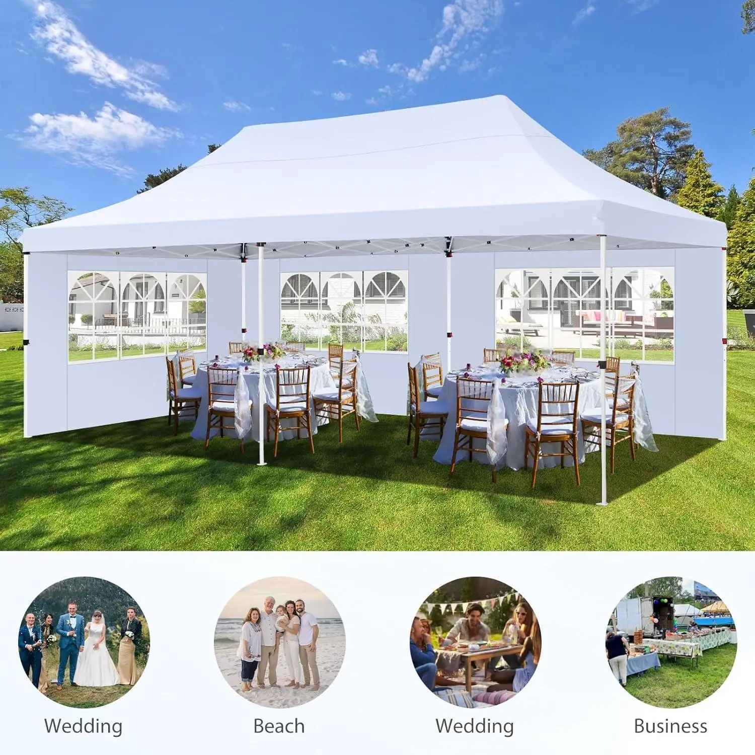 3x6m Folding Gazebo Waterproof Stable Winterproof, Instantly Fold-Out Canopies Outdoor Garden Tent with 6 Side Panels, for Party