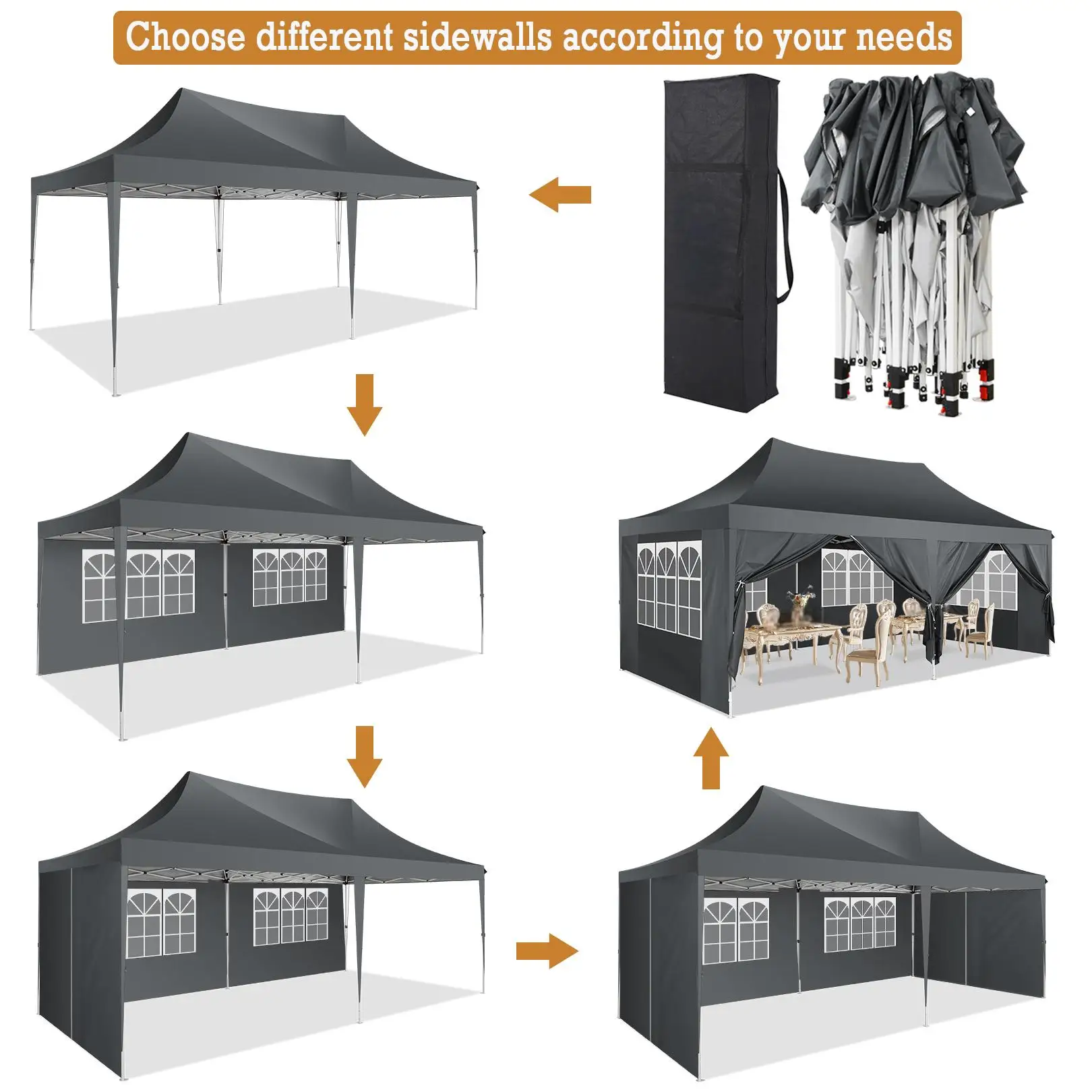 3x6m Folding Gazebo Waterproof Stable Winterproof, Instantly Fold-Out Canopies Outdoor Garden Tent with 6 Side Panels, for Party
