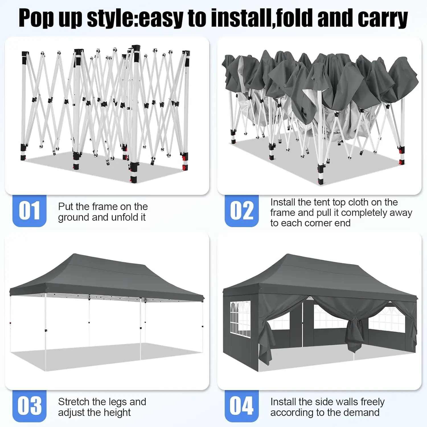 3x6m Folding Gazebo Waterproof Stable Winterproof, Instantly Fold-Out Canopies Outdoor Garden Tent with 6 Side Panels, for Party