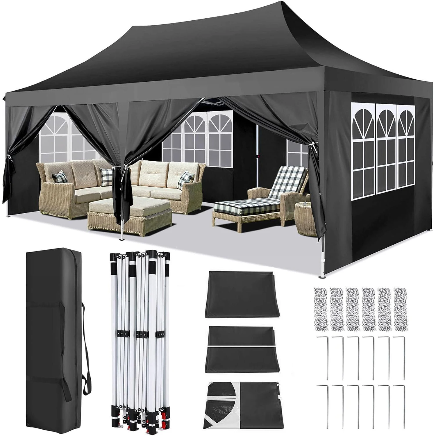 3x6m Folding Gazebo Waterproof Stable Winterproof, Instantly Fold-Out Canopies Outdoor Garden Tent with 6 Side Panels, for Party