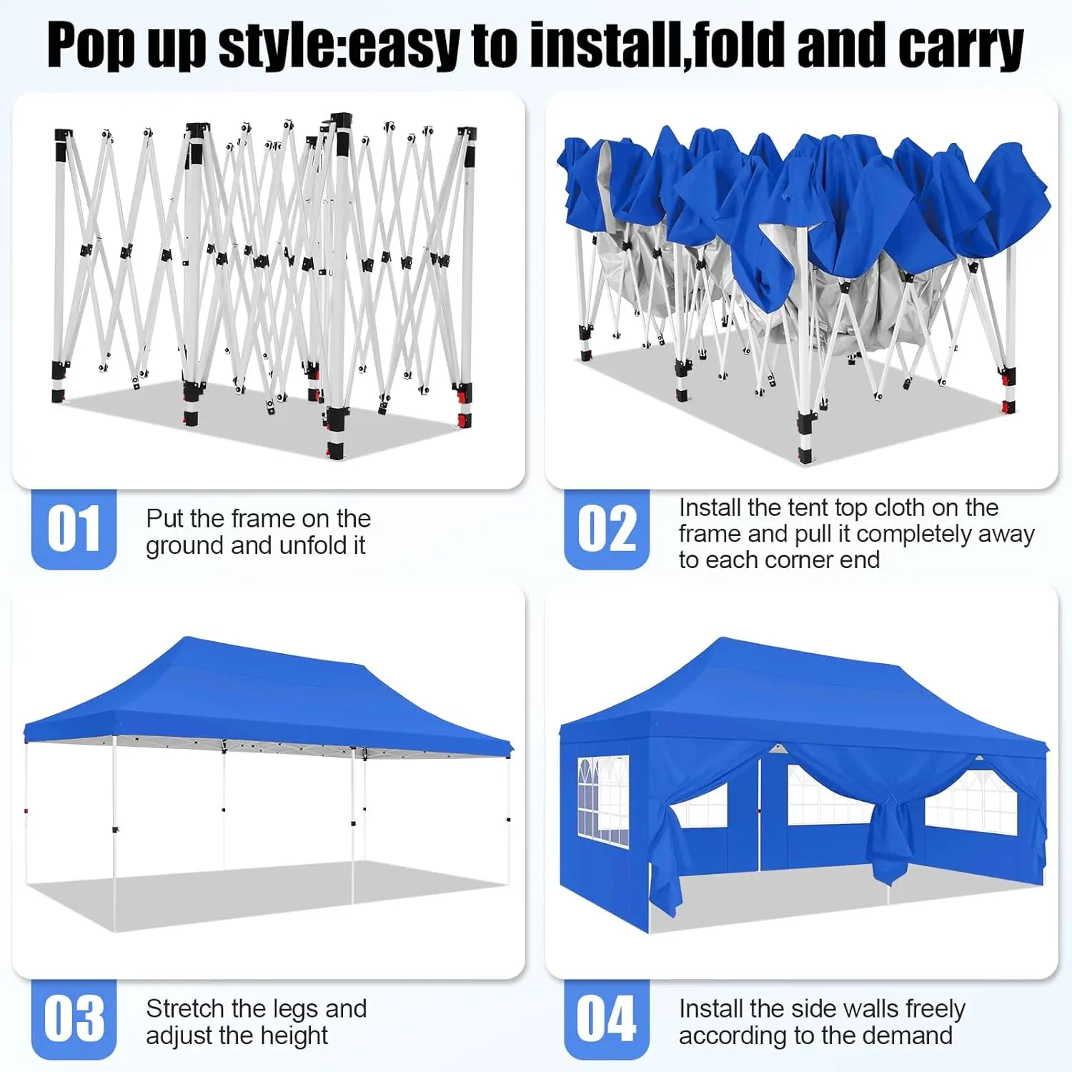 3x6m Folding Gazebo Waterproof Stable Winterproof, Instantly Fold-Out Canopies Outdoor Garden Tent with 6 Side Panels, for Party