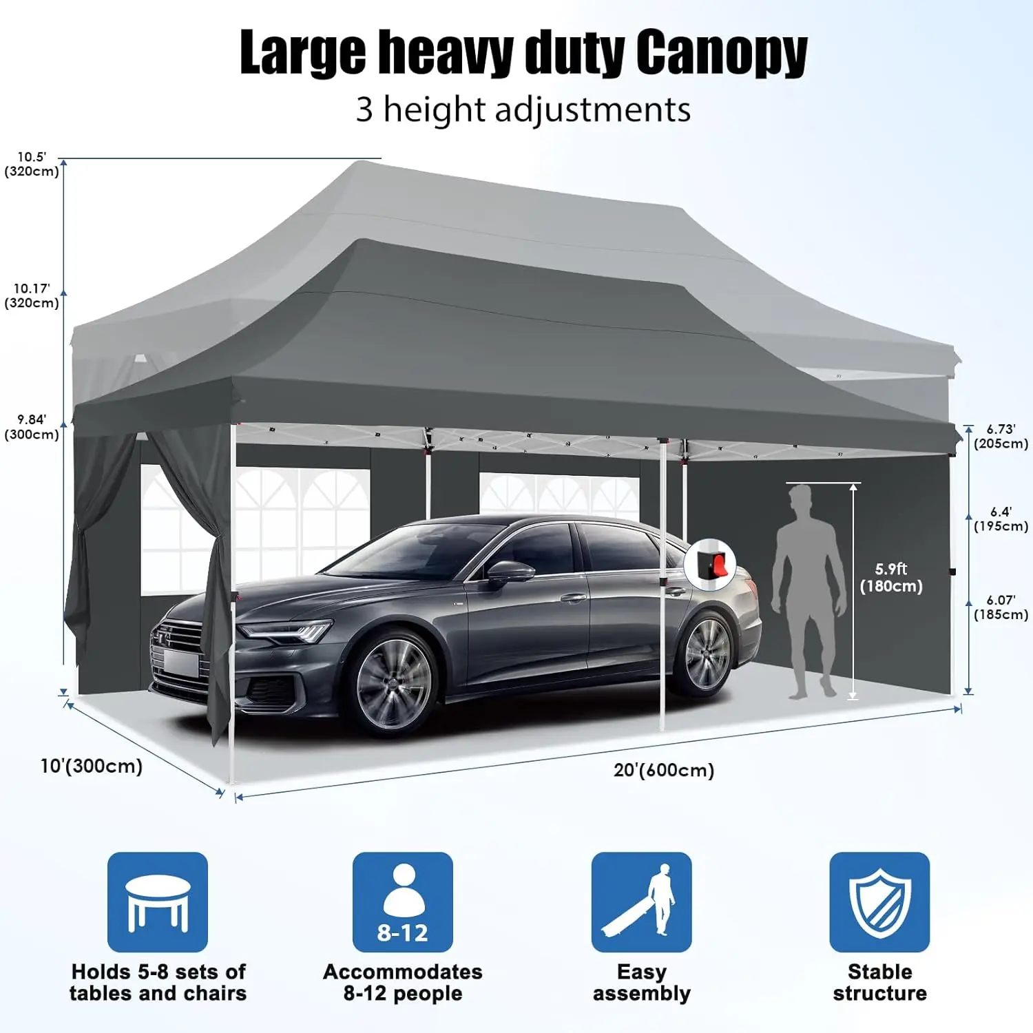 3x6m Folding Gazebo Waterproof Stable Winterproof, Instantly Fold-Out Canopies Outdoor Garden Tent with 6 Side Panels, for Party