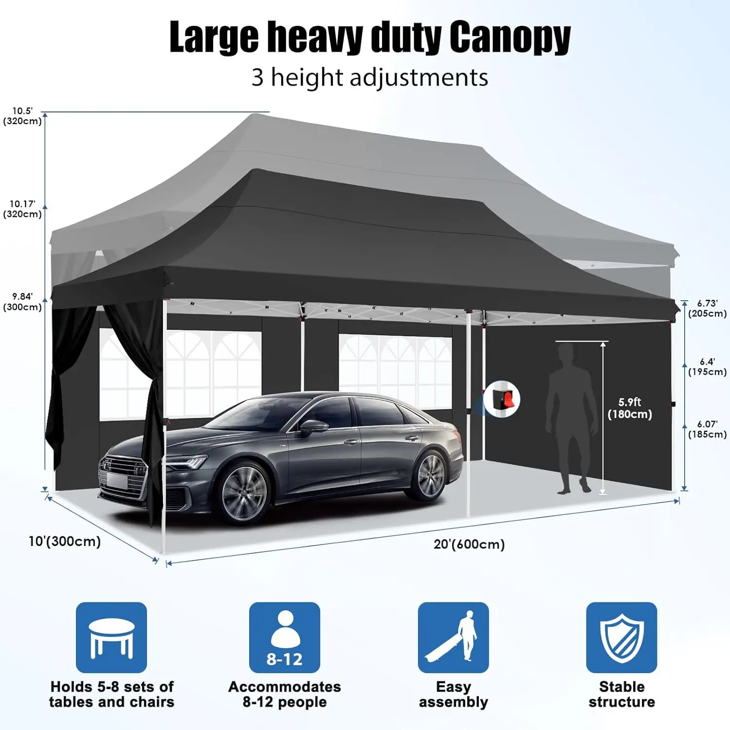 3x6m Folding Gazebo Waterproof Stable Winterproof, Instantly Fold-Out Canopies Outdoor Garden Tent with 6 Side Panels, for Party