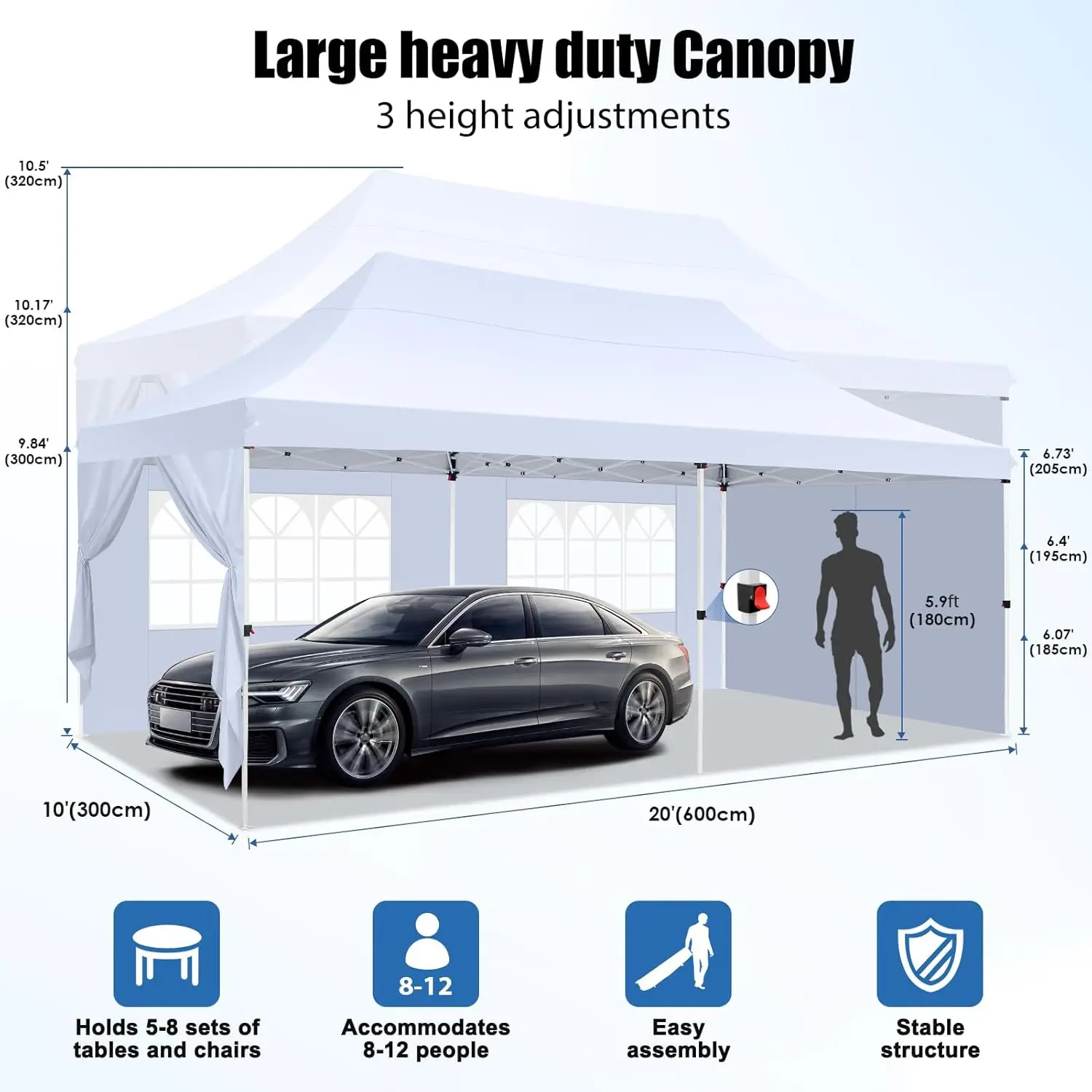 3x6m Folding Gazebo Waterproof Stable Winterproof, Instantly Fold-Out Canopies Outdoor Garden Tent with 6 Side Panels, for Party