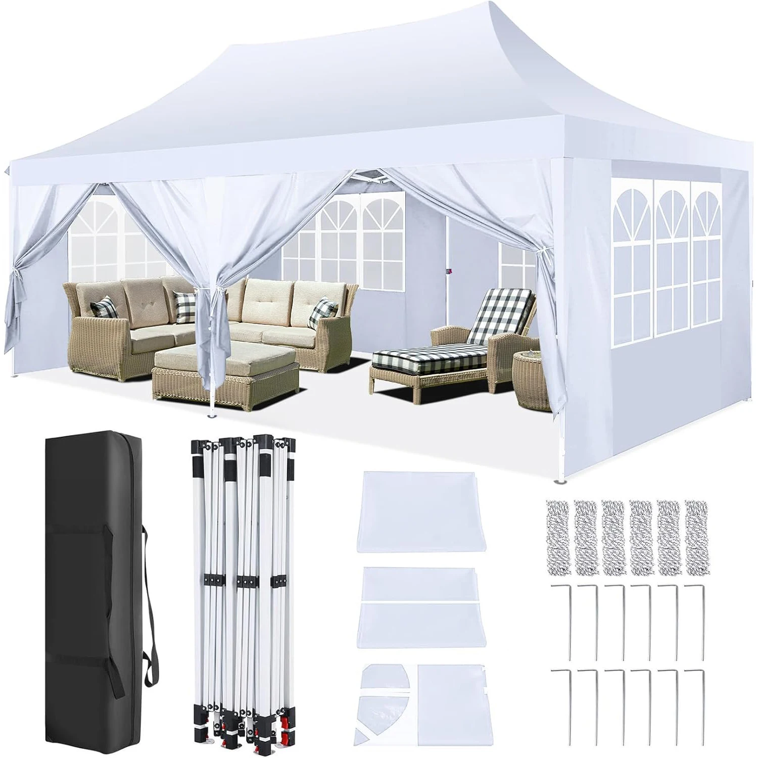 3x6m Folding Gazebo Waterproof Stable Winterproof, Instantly Fold-Out Canopies Outdoor Garden Tent with 6 Side Panels, for Party