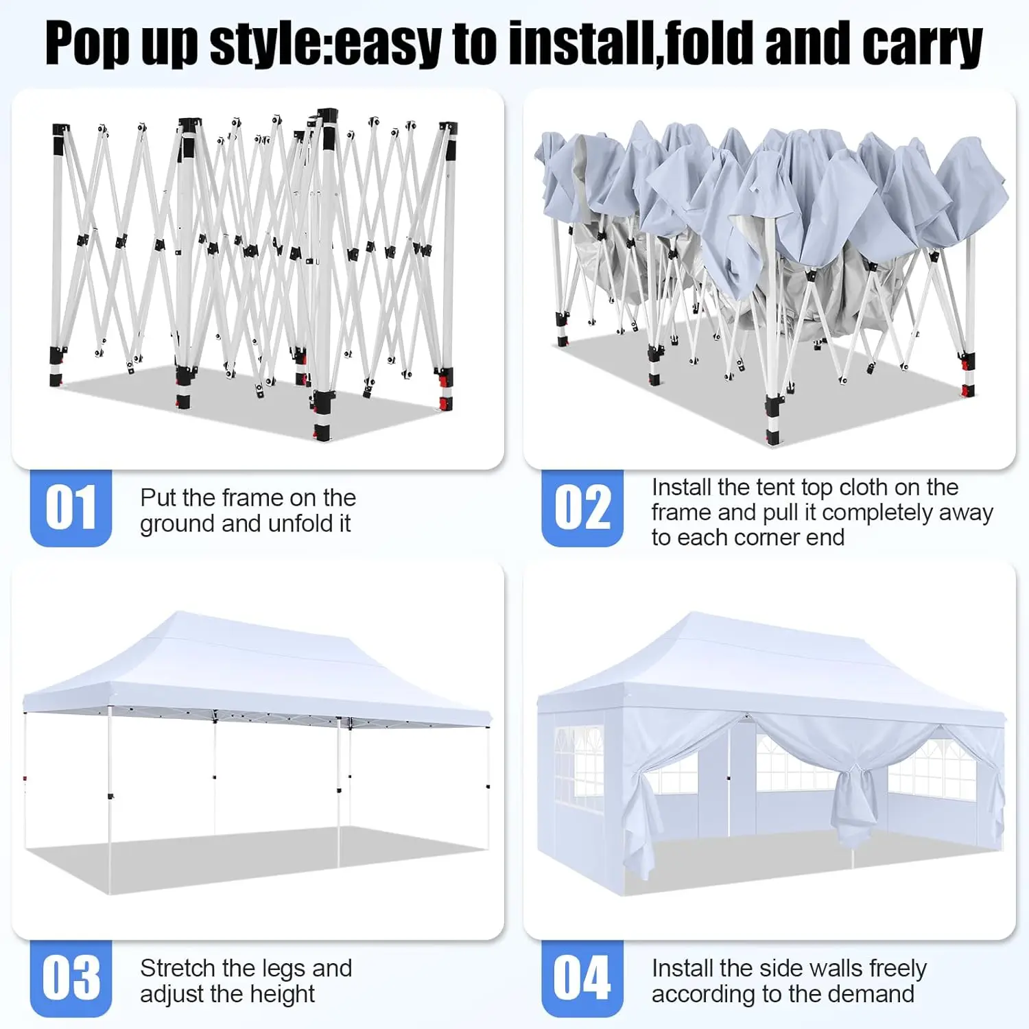 3x6m Folding Gazebo Waterproof Stable Winterproof, Instantly Fold-Out Canopies Outdoor Garden Tent with 6 Side Panels, for Party