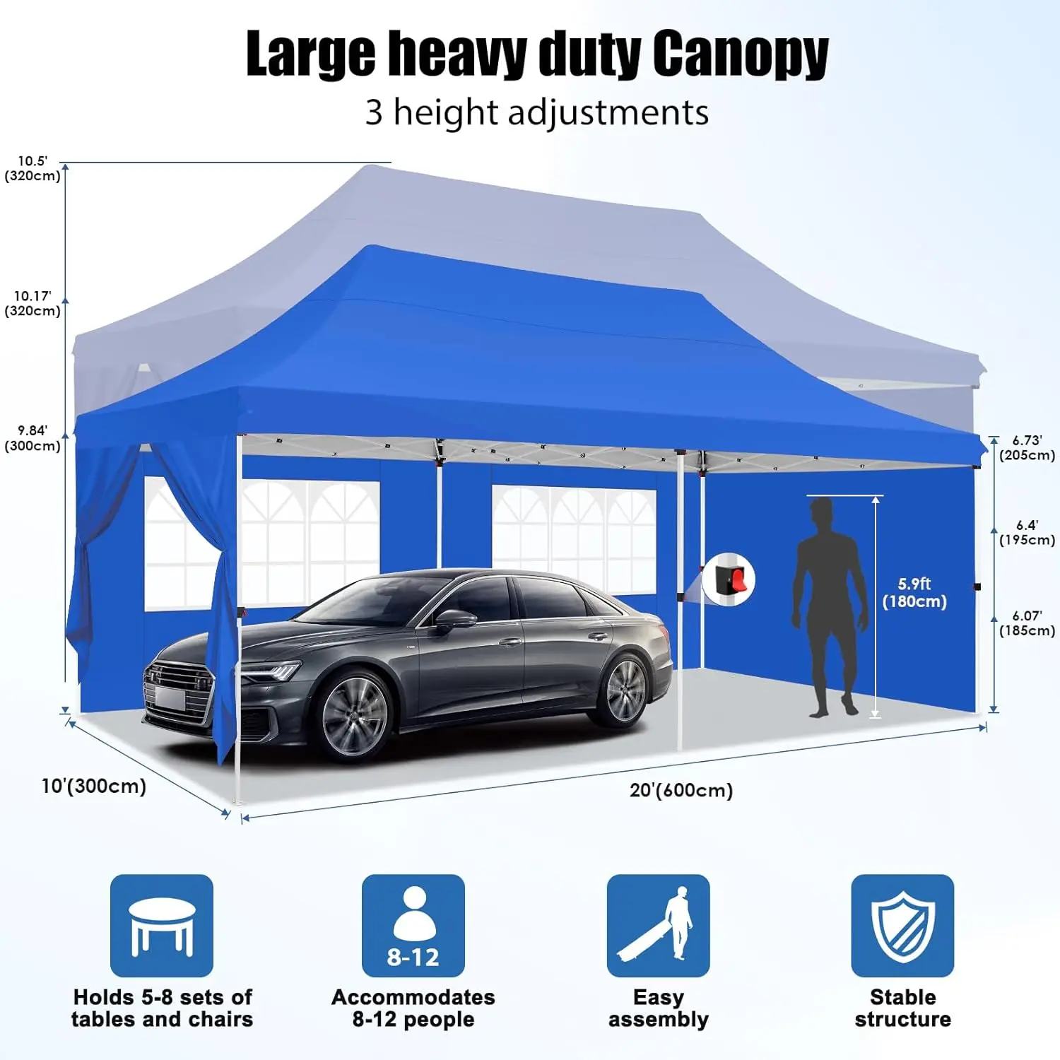 3x6m Folding Gazebo Waterproof Stable Winterproof, Instantly Fold-Out Canopies Outdoor Garden Tent with 6 Side Panels, for Party