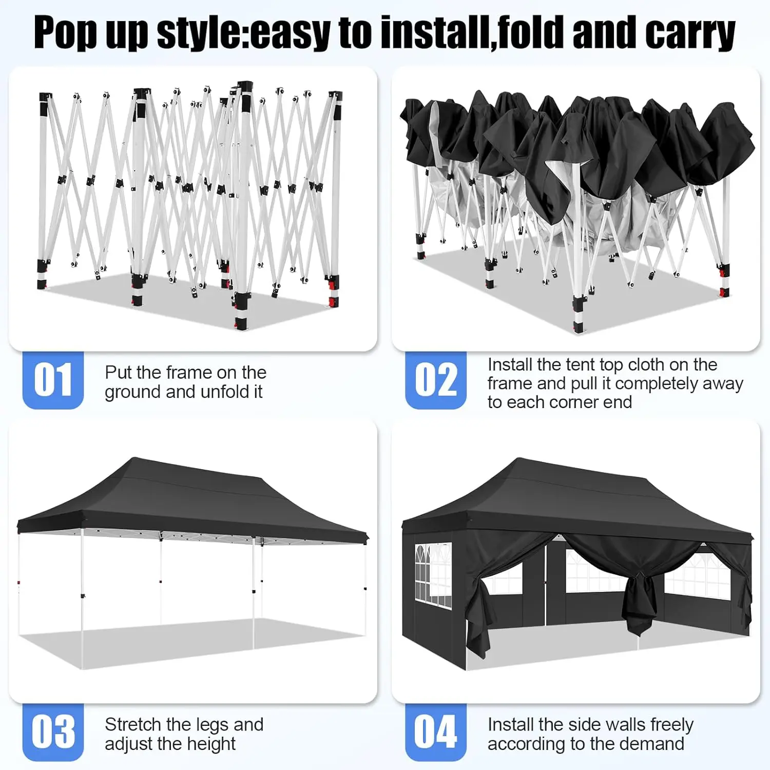 3x6m Folding Gazebo Waterproof Stable Winterproof, Instantly Fold-Out Canopies Outdoor Garden Tent with 6 Side Panels, for Party