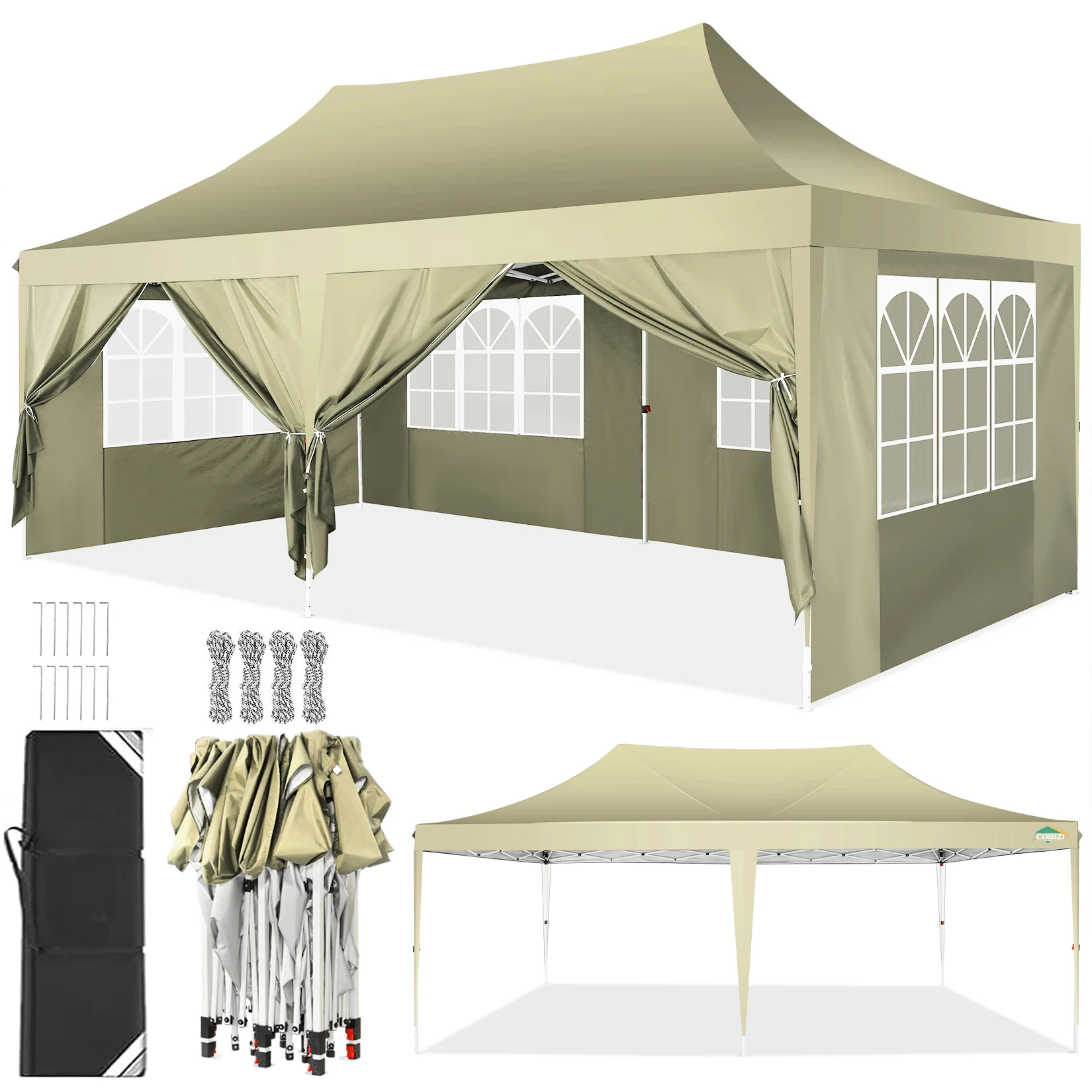 3x6m Folding Gazebo Waterproof Stable Winterproof, Instantly Fold-Out Canopies Outdoor Garden Tent with 6 Side Panels, for Party