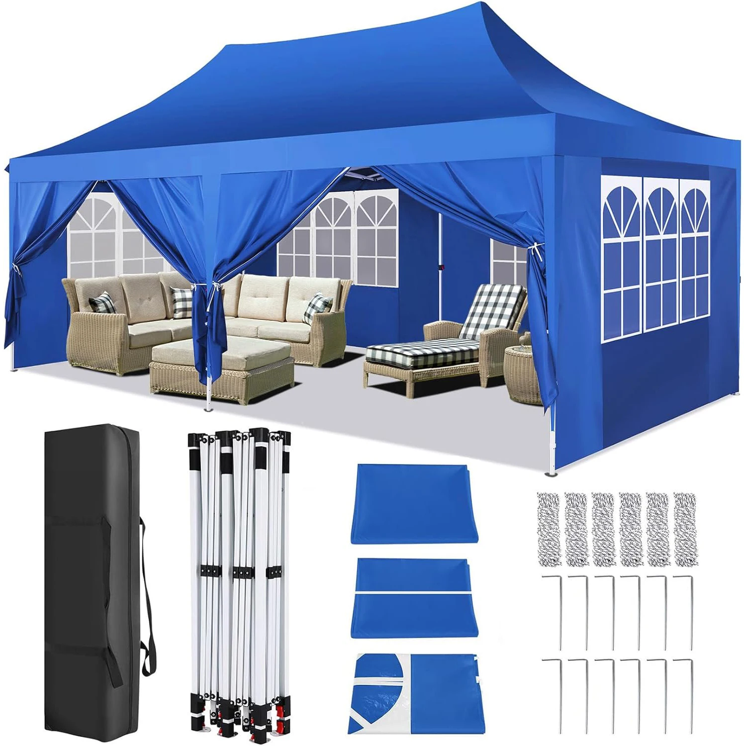 3x6m Folding Gazebo Waterproof Stable Winterproof, Instantly Fold-Out Canopies Outdoor Garden Tent with 6 Side Panels, for Party