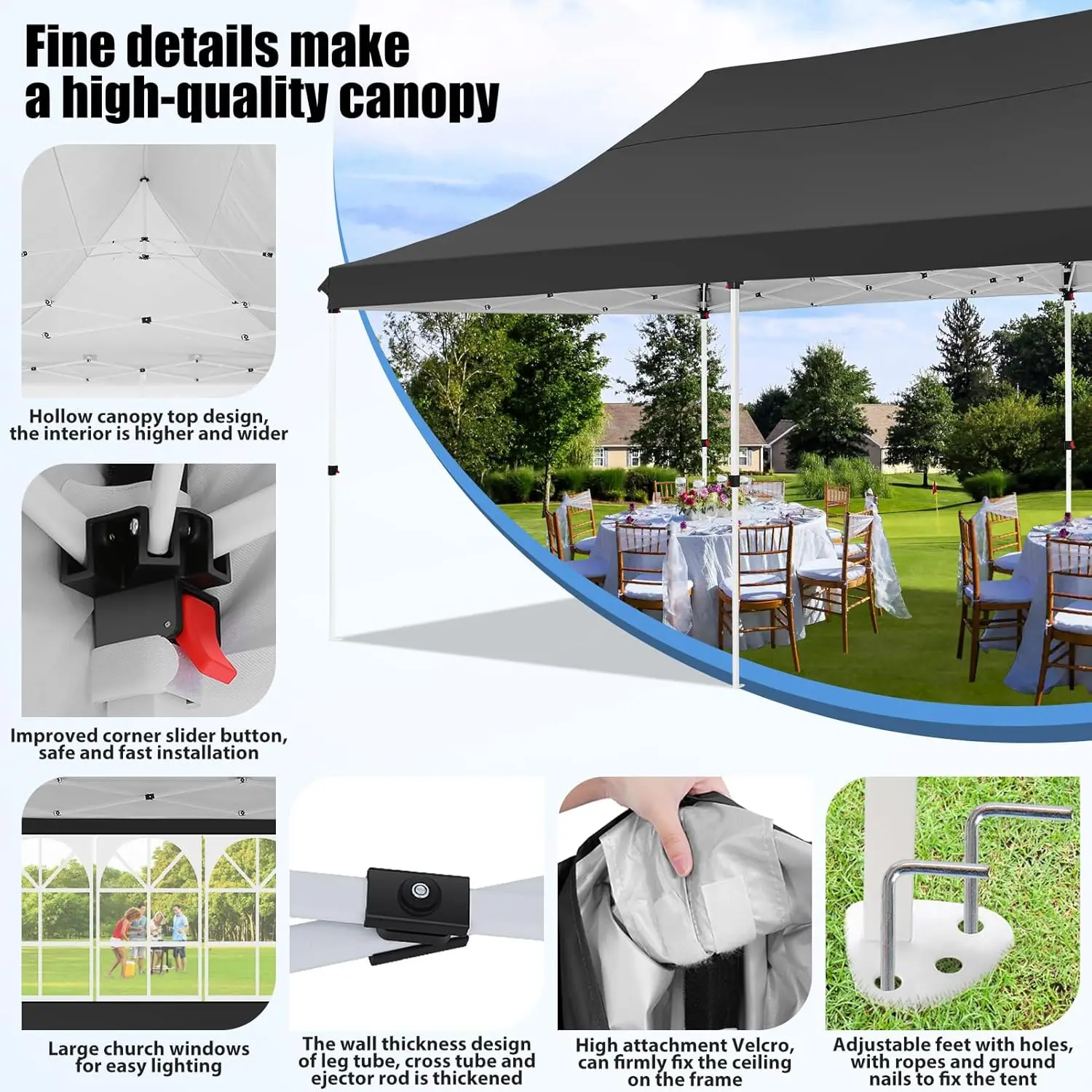 3x6m Folding Gazebo Waterproof Stable Winterproof, Instantly Fold-Out Canopies Outdoor Garden Tent with 6 Side Panels, for Party