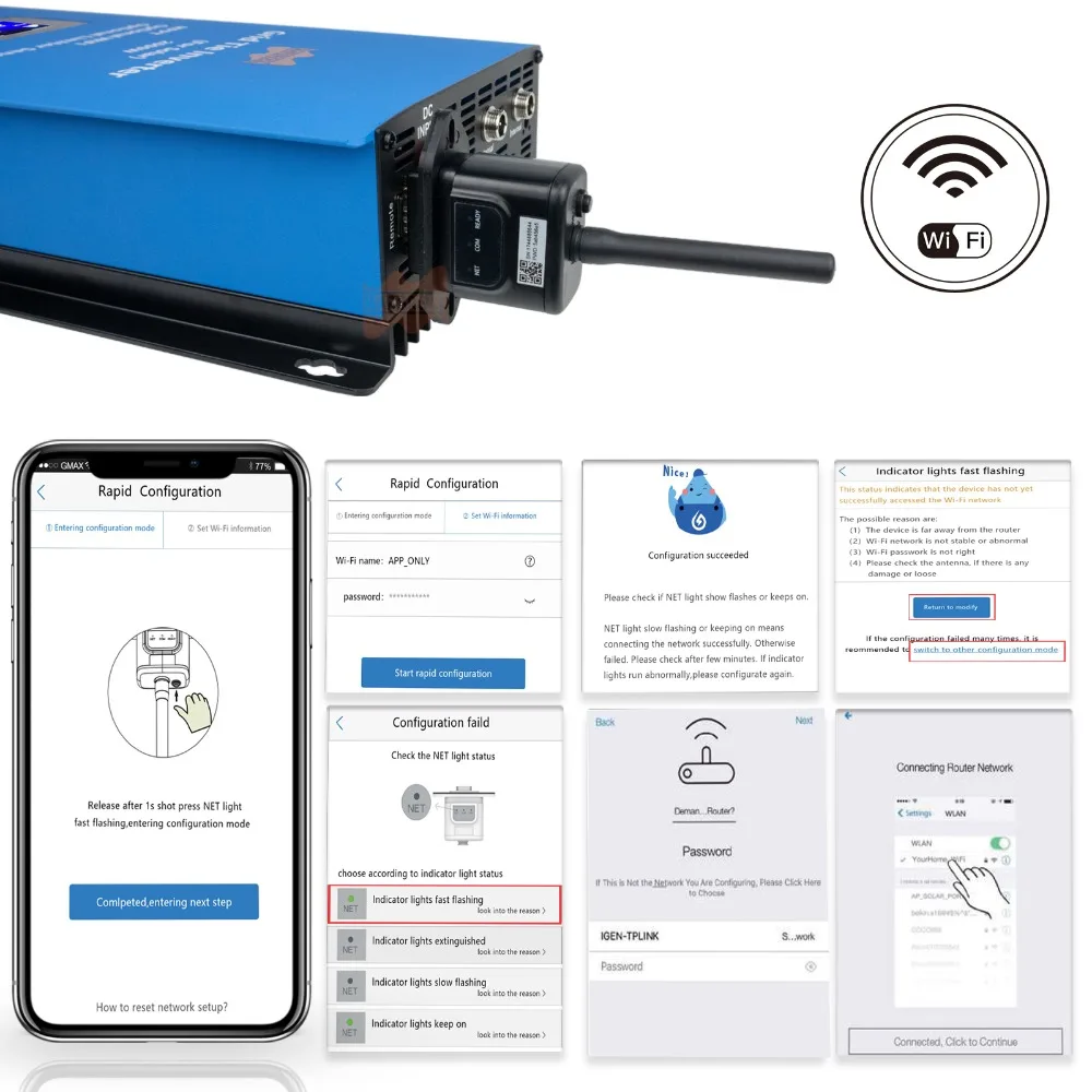 1000W Solar Limit Sensor Grid on Inverter DC 24/48V & AC 230V Built-in WiFi with LCD Display Household Solar Grid Tie Converter