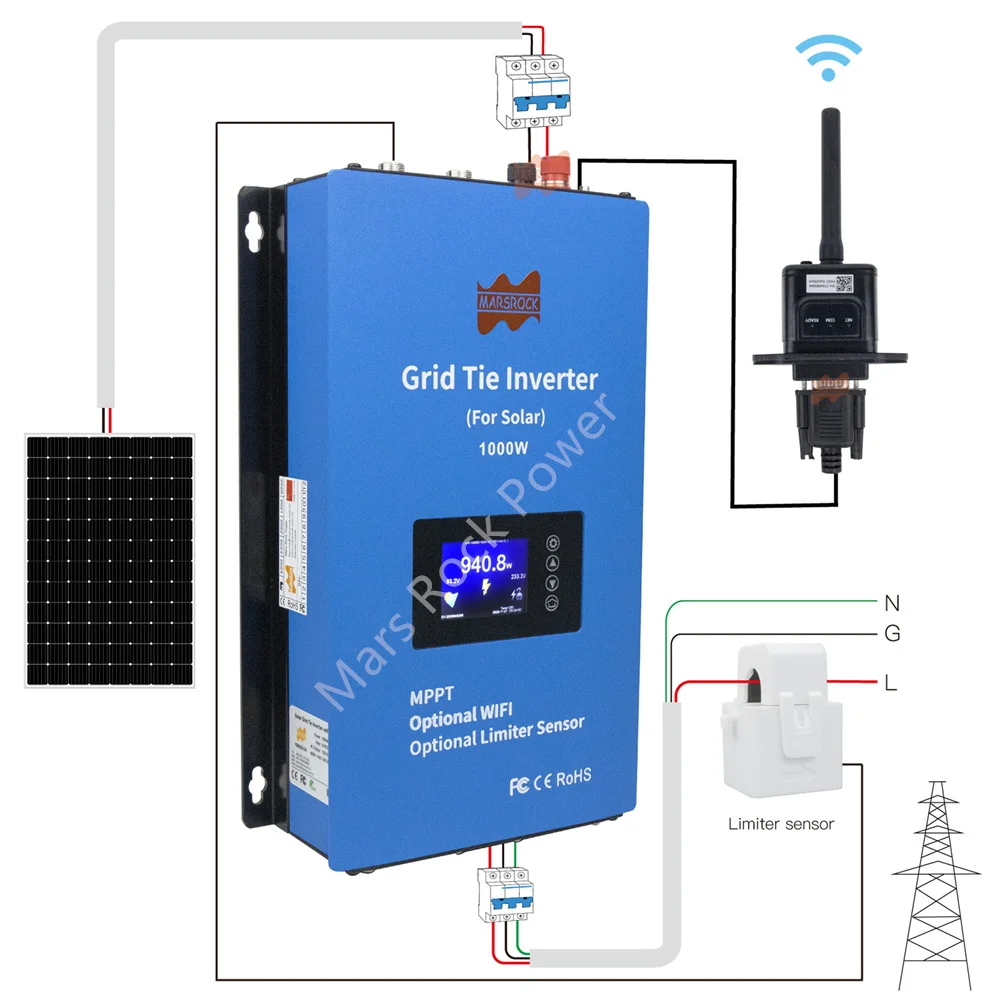 1000W Solar Limit Sensor Grid on Inverter DC 24/48V & AC 230V Built-in WiFi with LCD Display Household Solar Grid Tie Converter