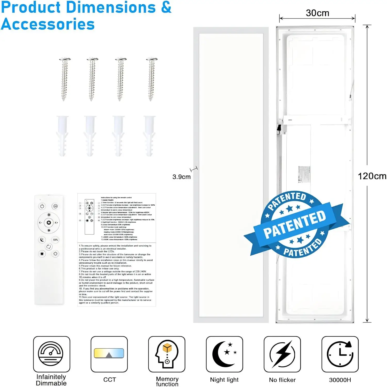 LED Panel Light 120x30 Dimmable with Remote, 40W 4400LM Ceiling Lamp with Memory, 3000K-6500K for Living Room & Bedroom