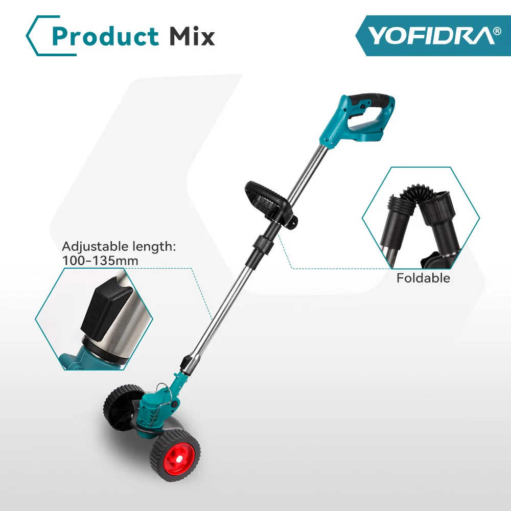 YOFIDRA 100-135cm Electric Lawn Mower 1500W Cordless Foldable Trimmer Pruning Cutting Garden Power Tool For Makita Battery Pin