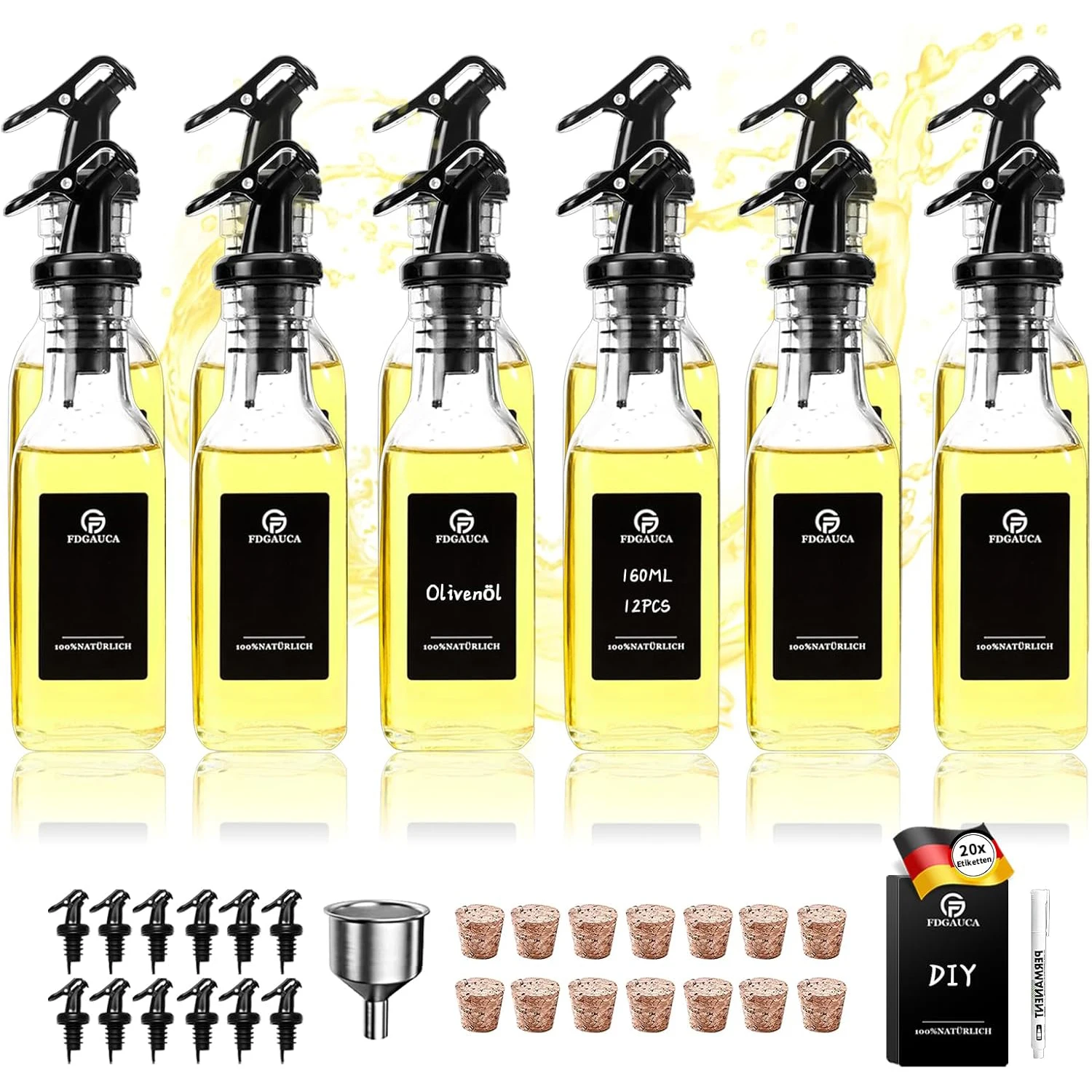 12 Pcs 160ml Glass Oil Bottles with Pour Spout, Portable Refillable Oil Vinegar Dispenser for BBQ Travel, DIY Labels