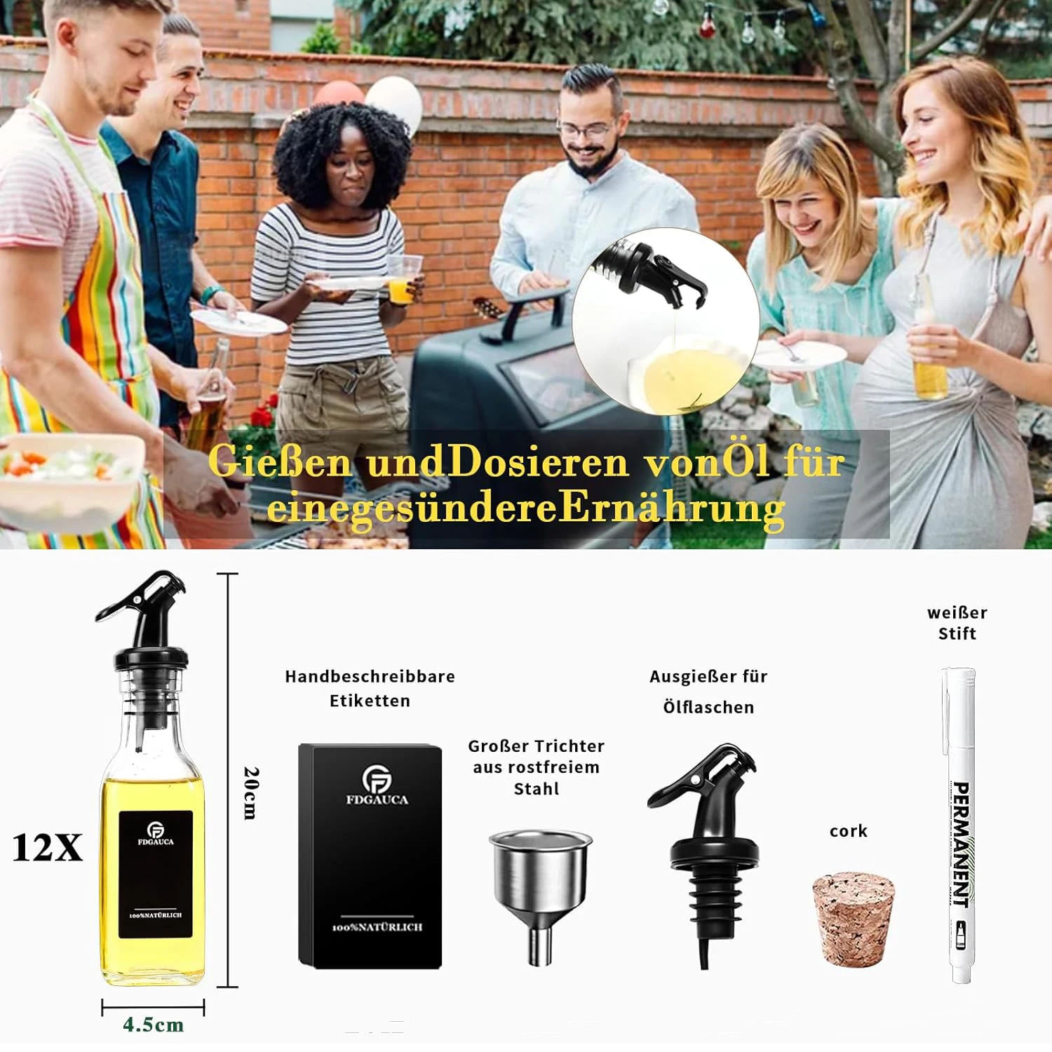 12 Pcs 160ml Glass Oil Bottles with Pour Spout, Portable Refillable Oil Vinegar Dispenser for BBQ Travel, DIY Labels